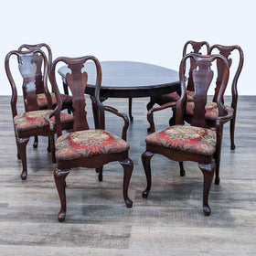 Image of Ethan Allen Traditional 7-Piece Dining Set with Extendable Table and Floral Upholstered Chairs