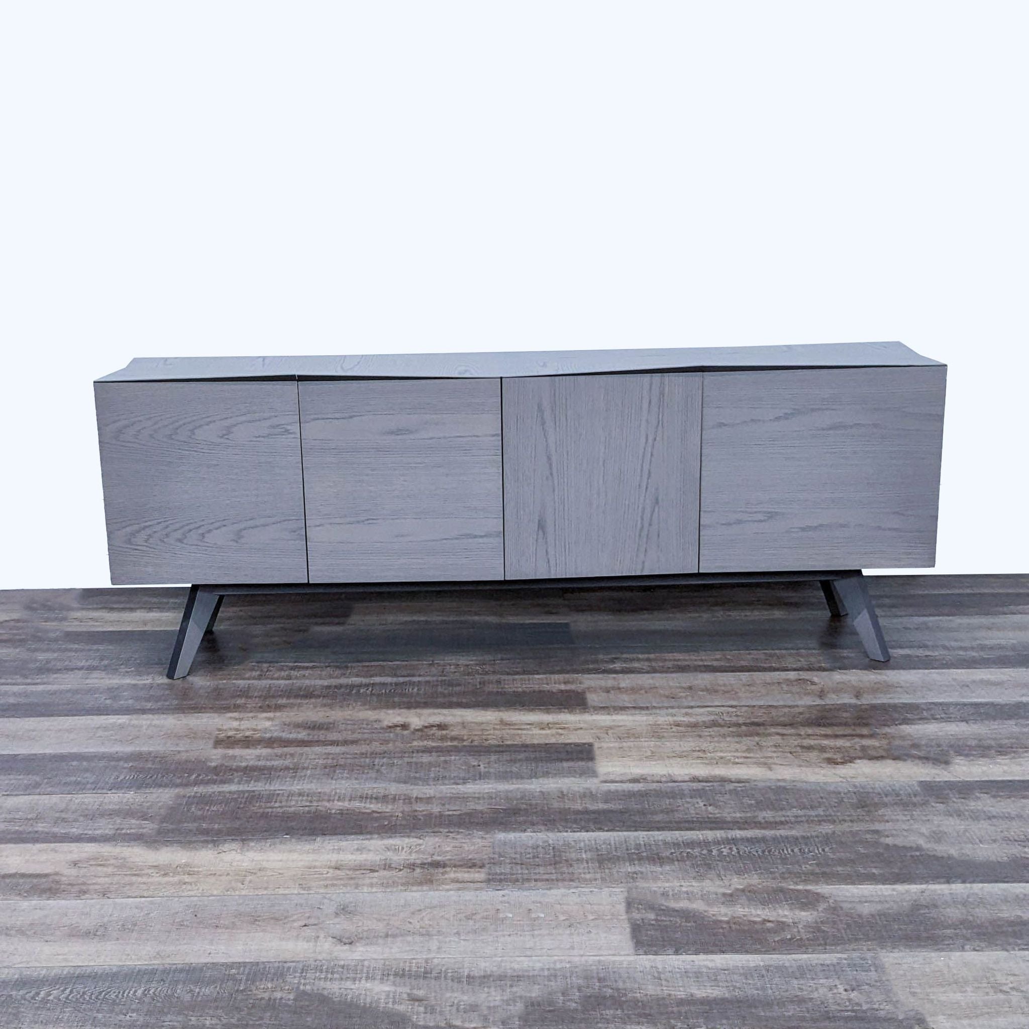 Alt text 1: Modern Roche Bobois oak veneer sideboard with offset lines and silver patina handles, designed by Christophe Delcourt.