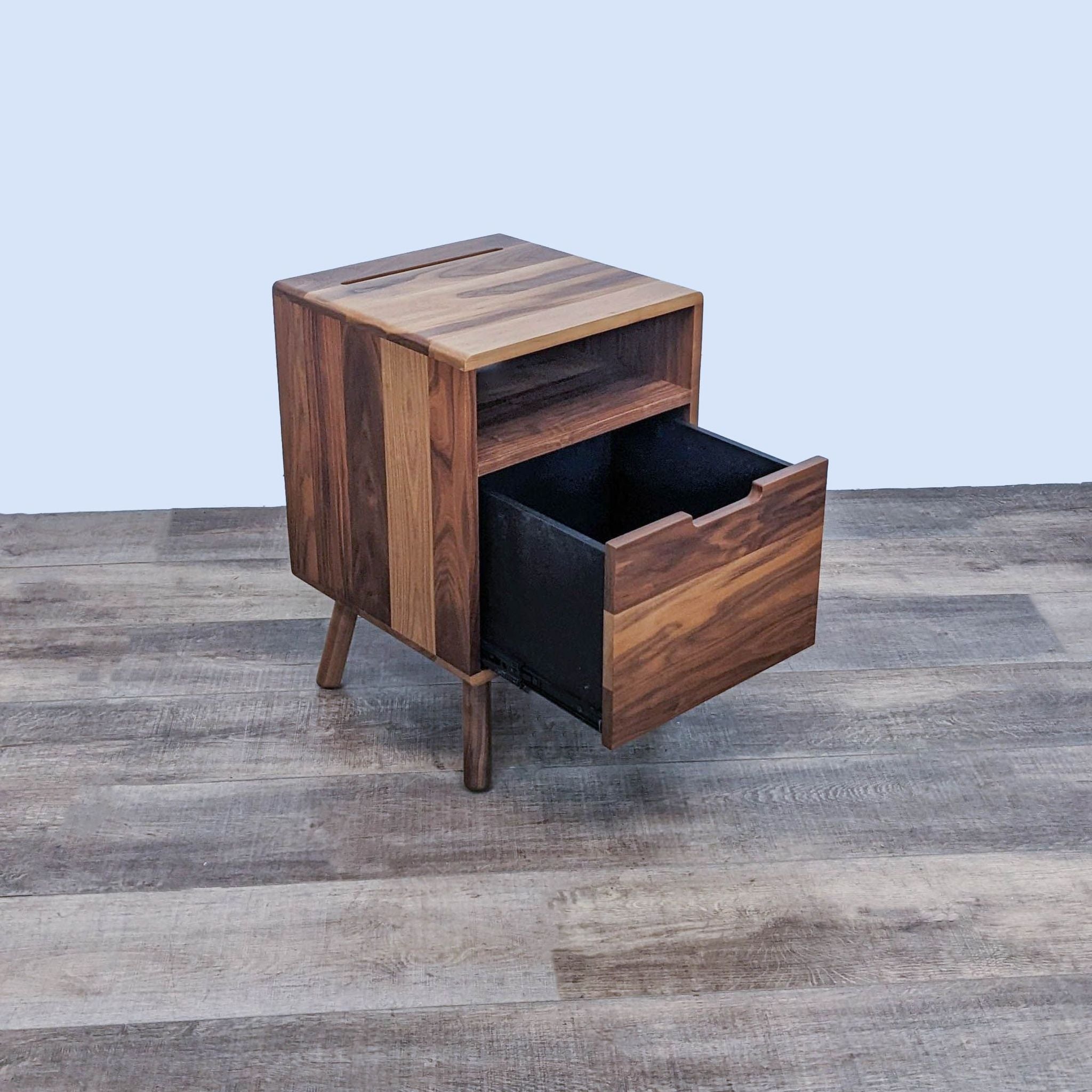 Mid-Century Modern style Reperch nightstand with open drawer showcasing interior and cable management areas.