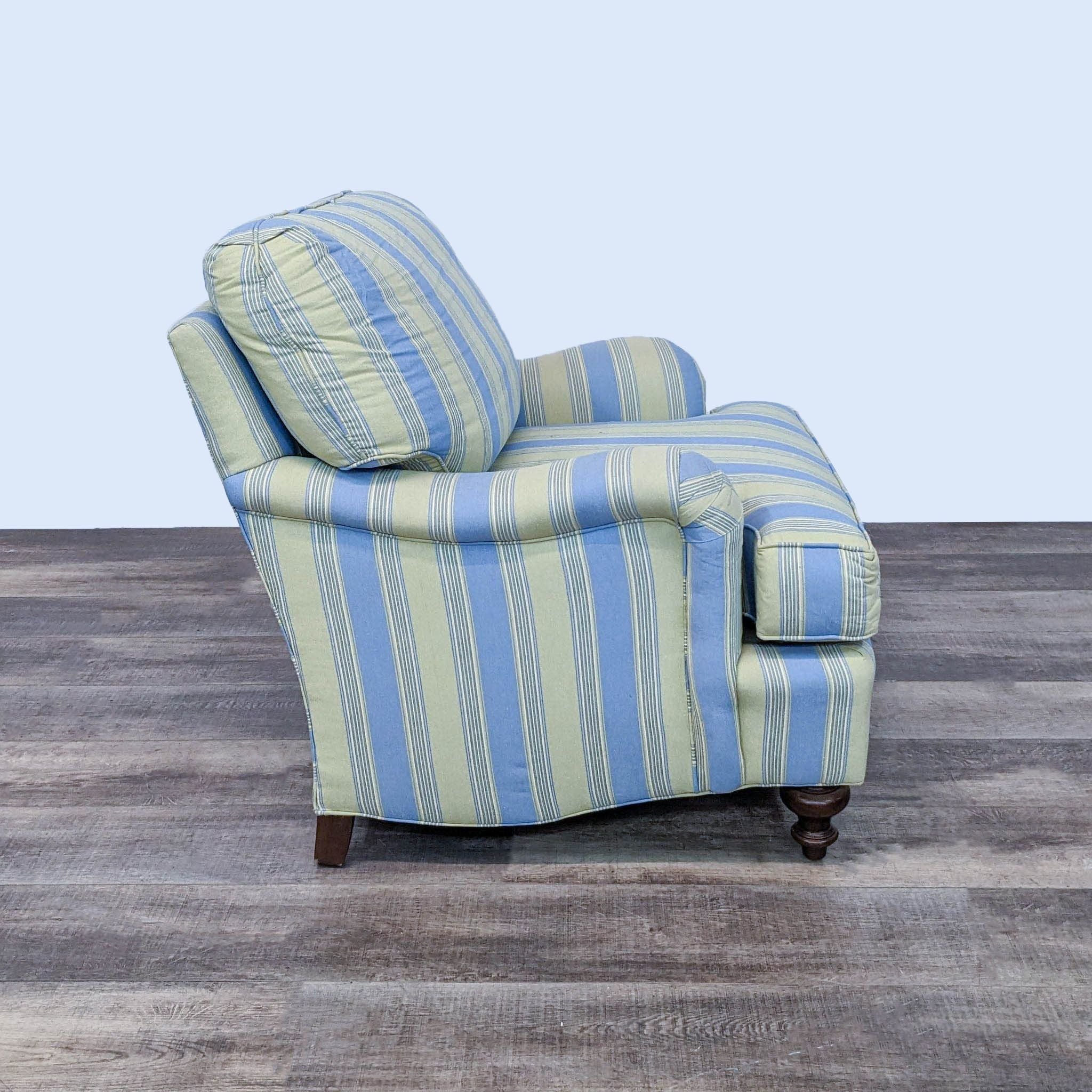 Alt text 2: Striped upholstered Taylor King chair from the Kings Road Collection showcasing comfort design with sturdy legs and soft cushioning.