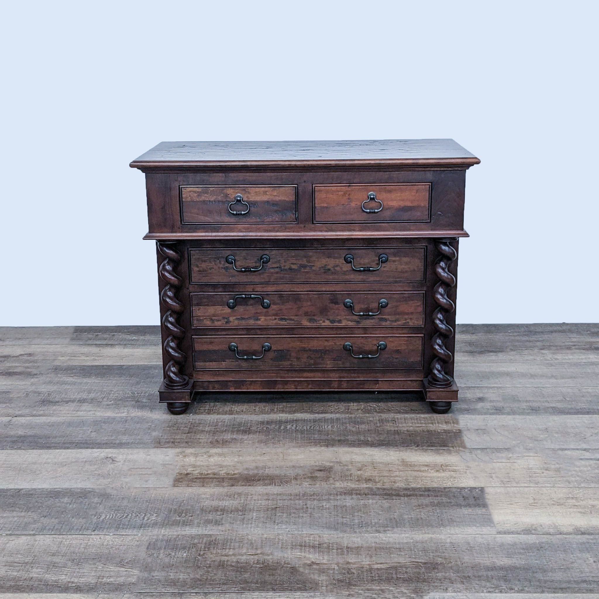 Alt text 1: Traditional Reperch dark wood dresser with twisted detailing and two small top drawers above three larger ones.