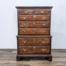 Image of Classic Wooden Highboy Dresser with Antique Brass Pulls