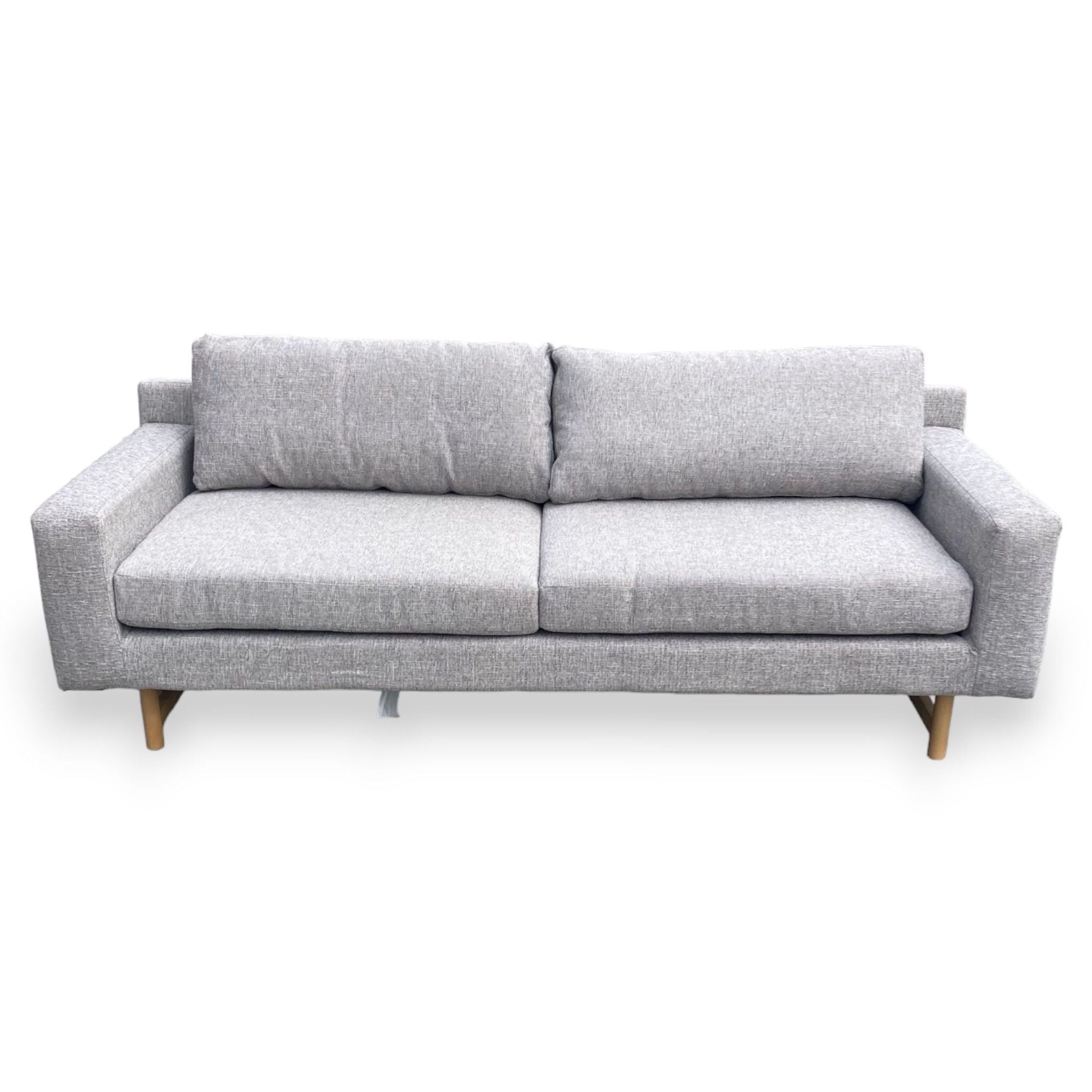 Alt text 1: A modern 3-seat West Elm sofa with a gray heather weave fabric, block arms, and light-finish wooden legs.