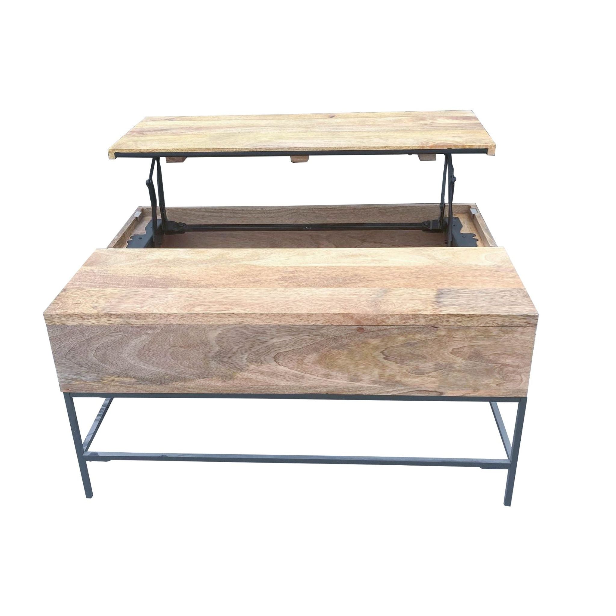 Mango wood coffee table by West Elm with top partially lifted, revealing storage compartment underneath.