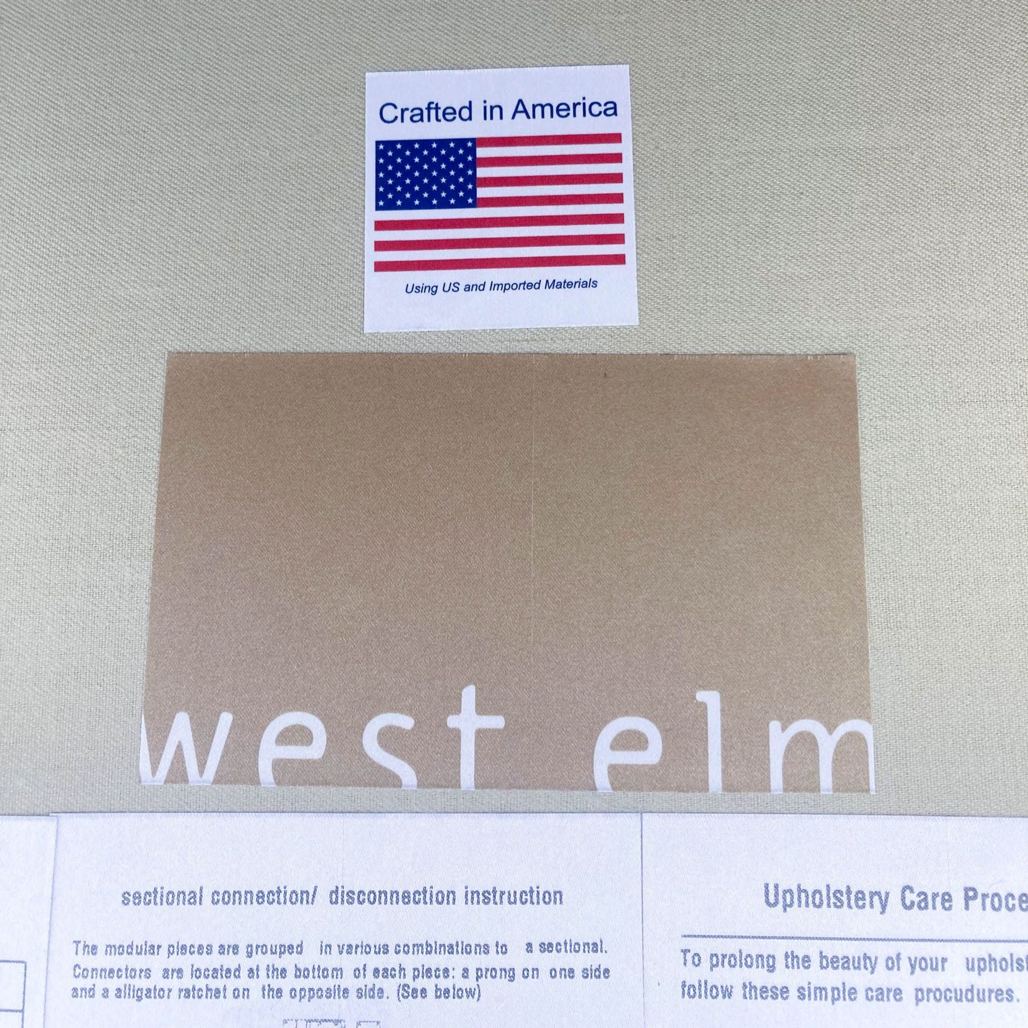 Crafted in America label on West Elm branded material, indicating US and imported materials.