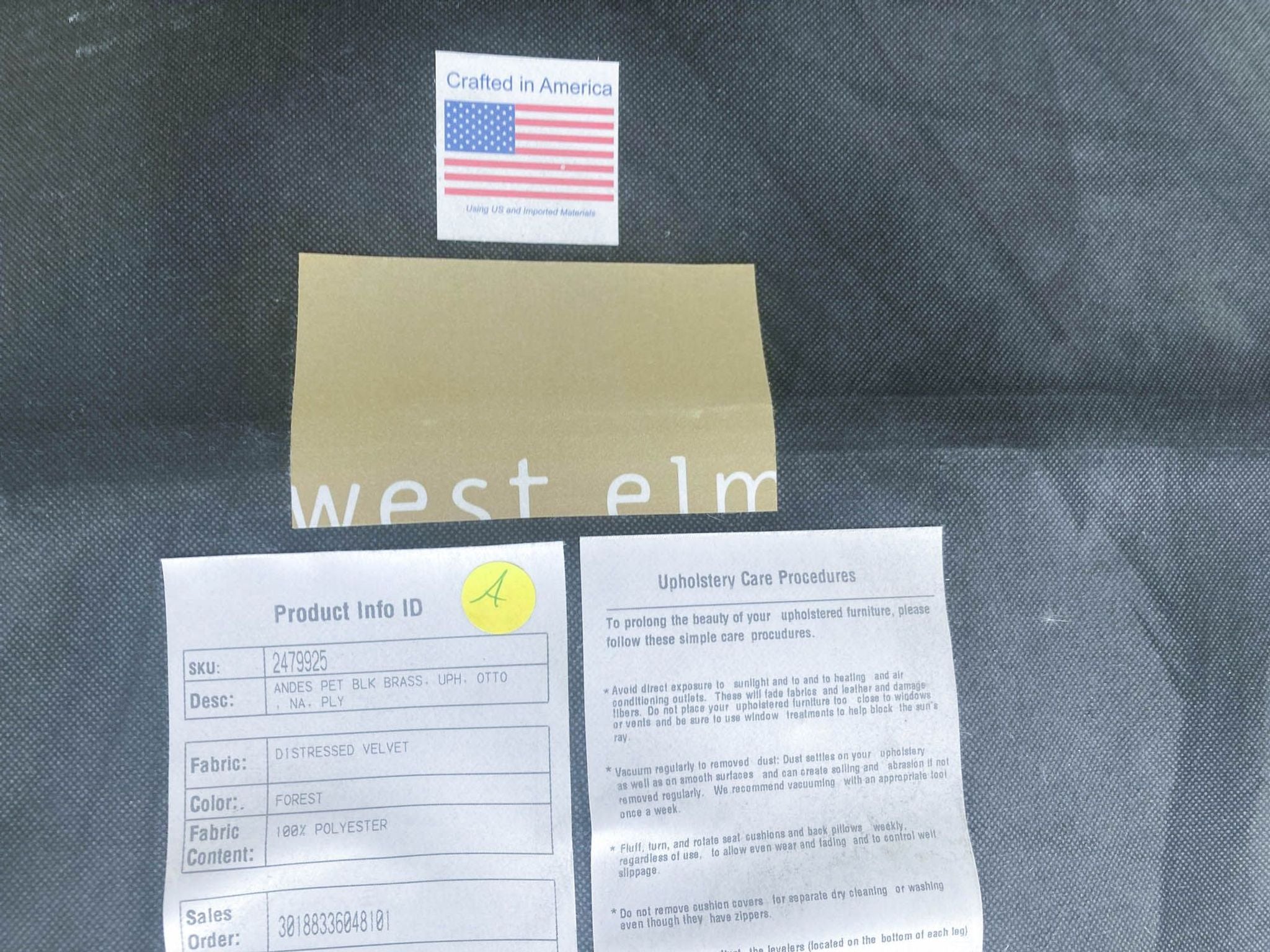 3. "West Elm tag with 'Crafted in America' and a product info card for a velvet ottoman."