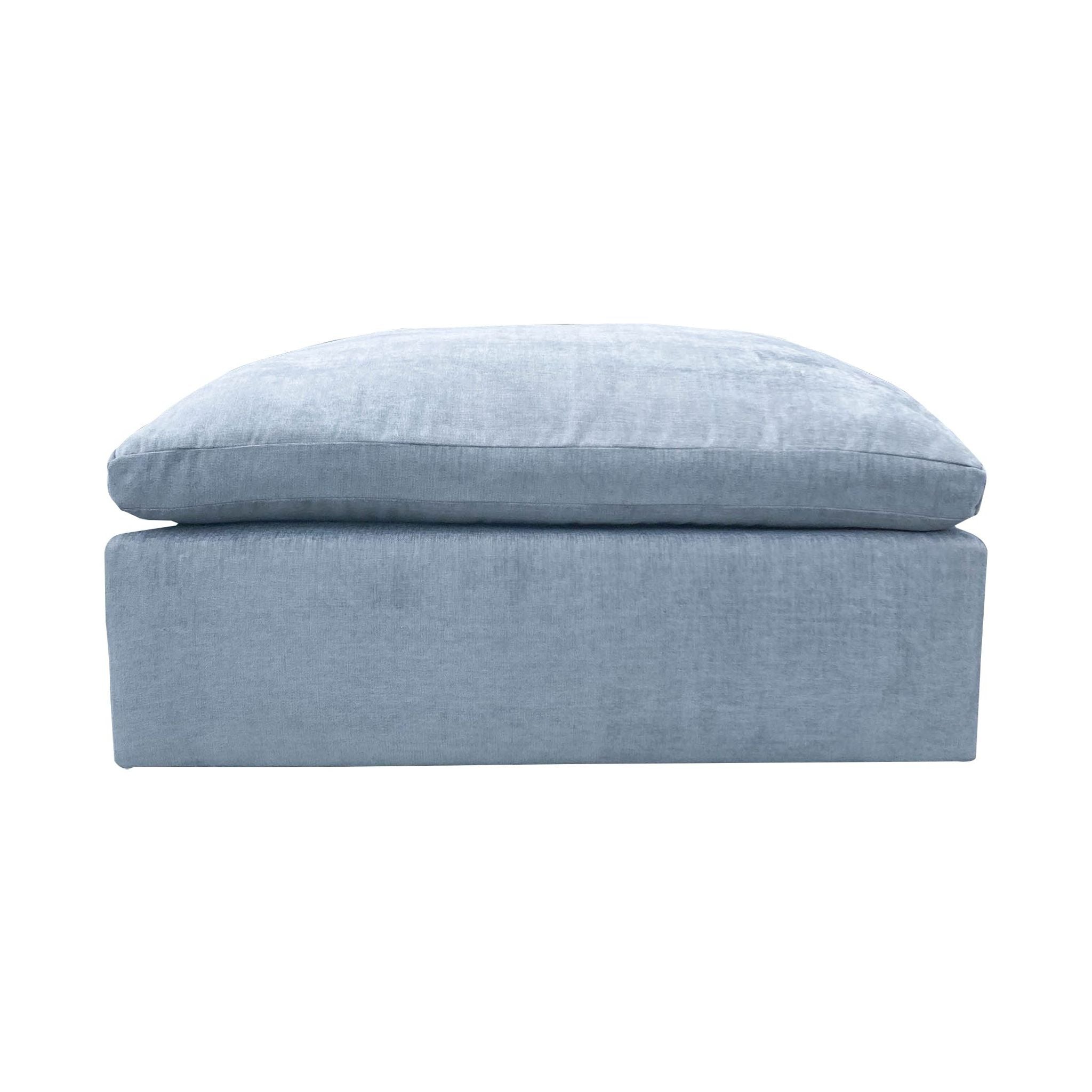 1. A West Elm modern grey velvet square ottoman, 44 inches, with clean lines suitable as a coffee table.