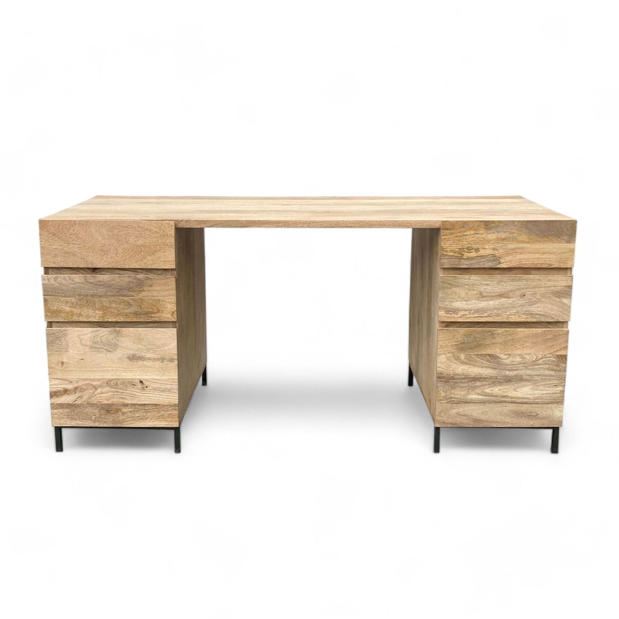 Alt text 1: West Elm modern desk with solid mango wood and blackened steel frame, featuring two side drawers and a filing cabinet.
