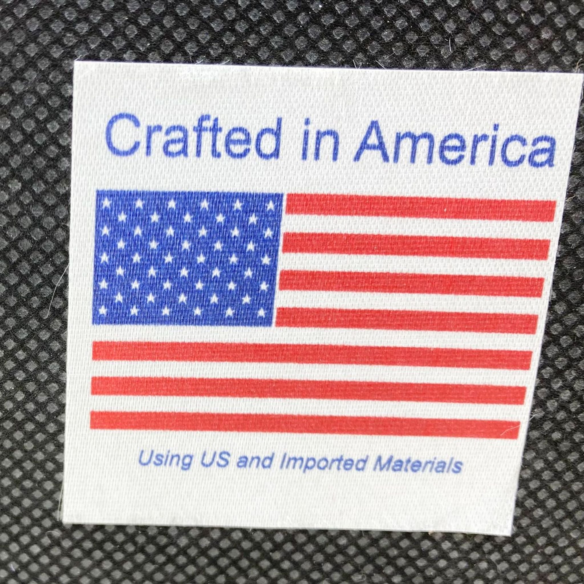 2. Label stating "Crafted in America Using US and Imported Materials" above an American flag.