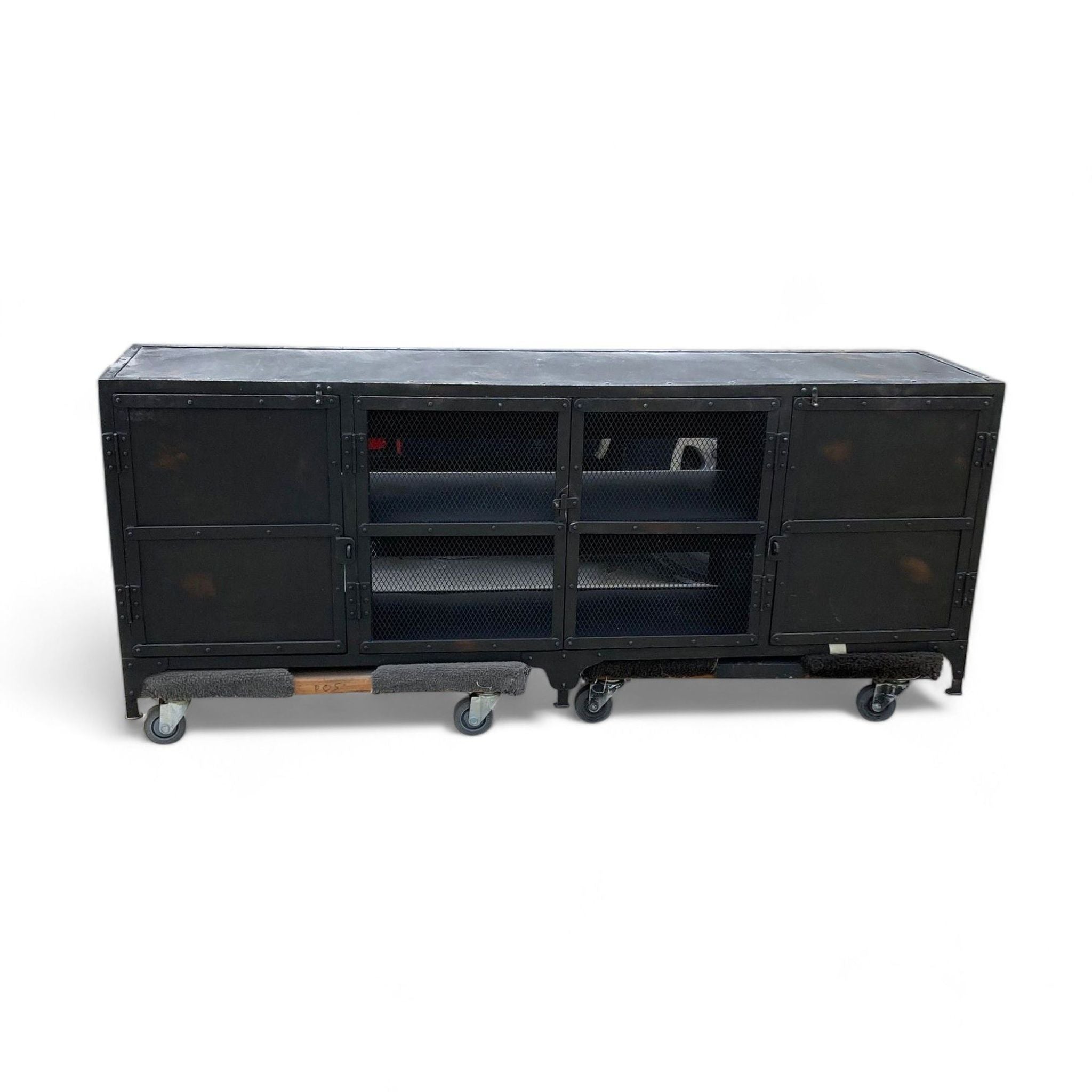 Reperch branded entertainment center with closed metal mesh cabinet doors on wheels, showcasing dark finish and industrial style.