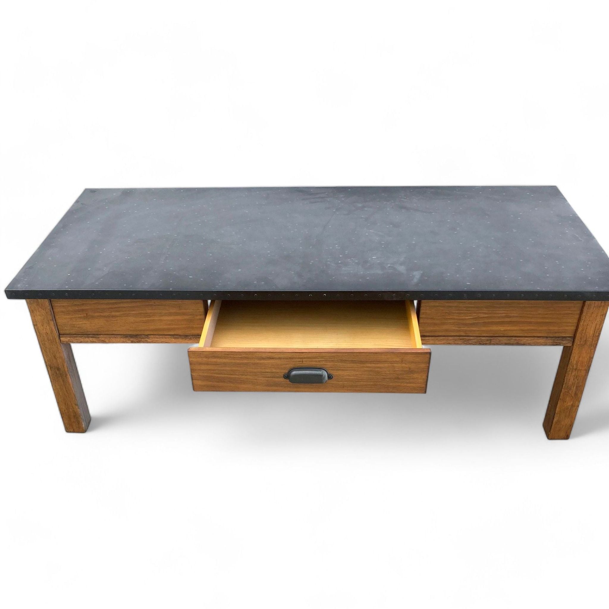 Drawer open on Reperch wooden coffee table with slate top, showcasing storage, against a white backdrop.