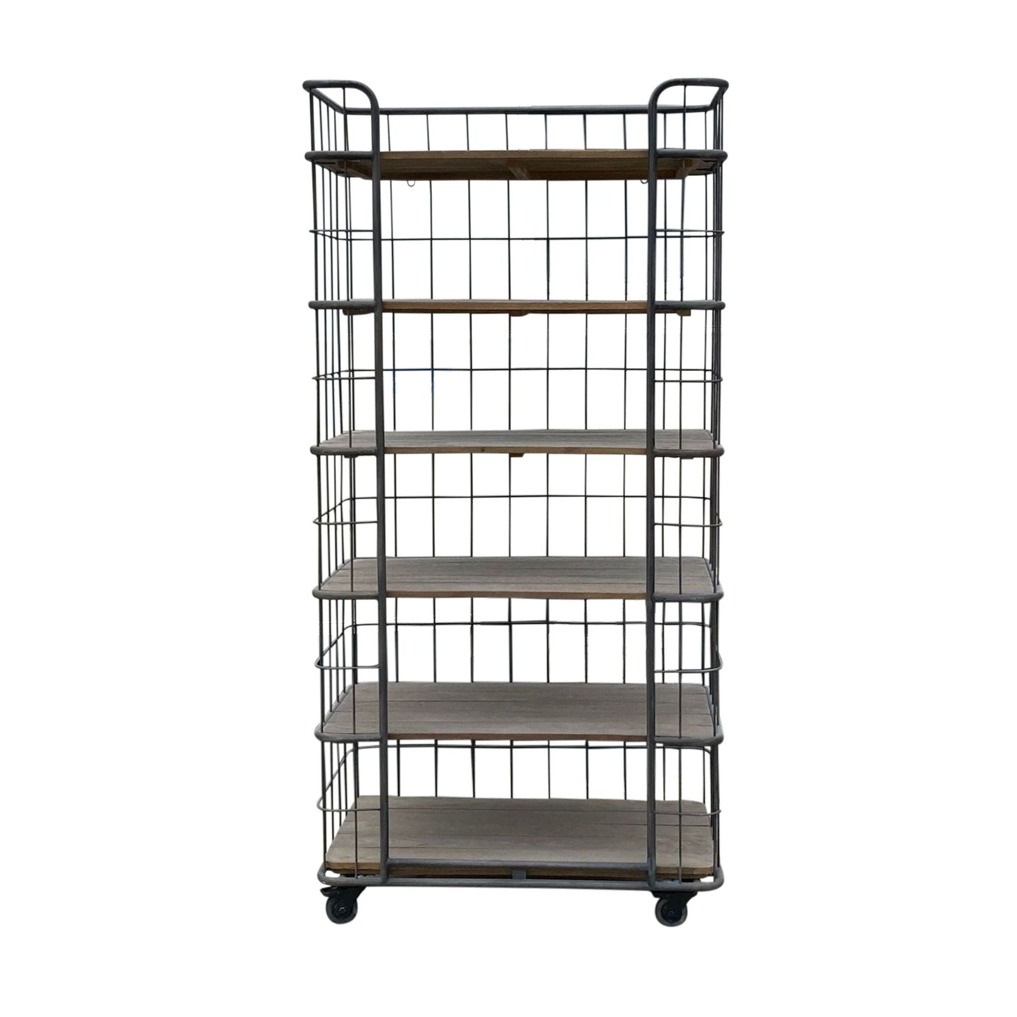 Five-tiered industrial-style rolling bookcase by Restoration Hardware, featuring a metal frame and wooden shelves.