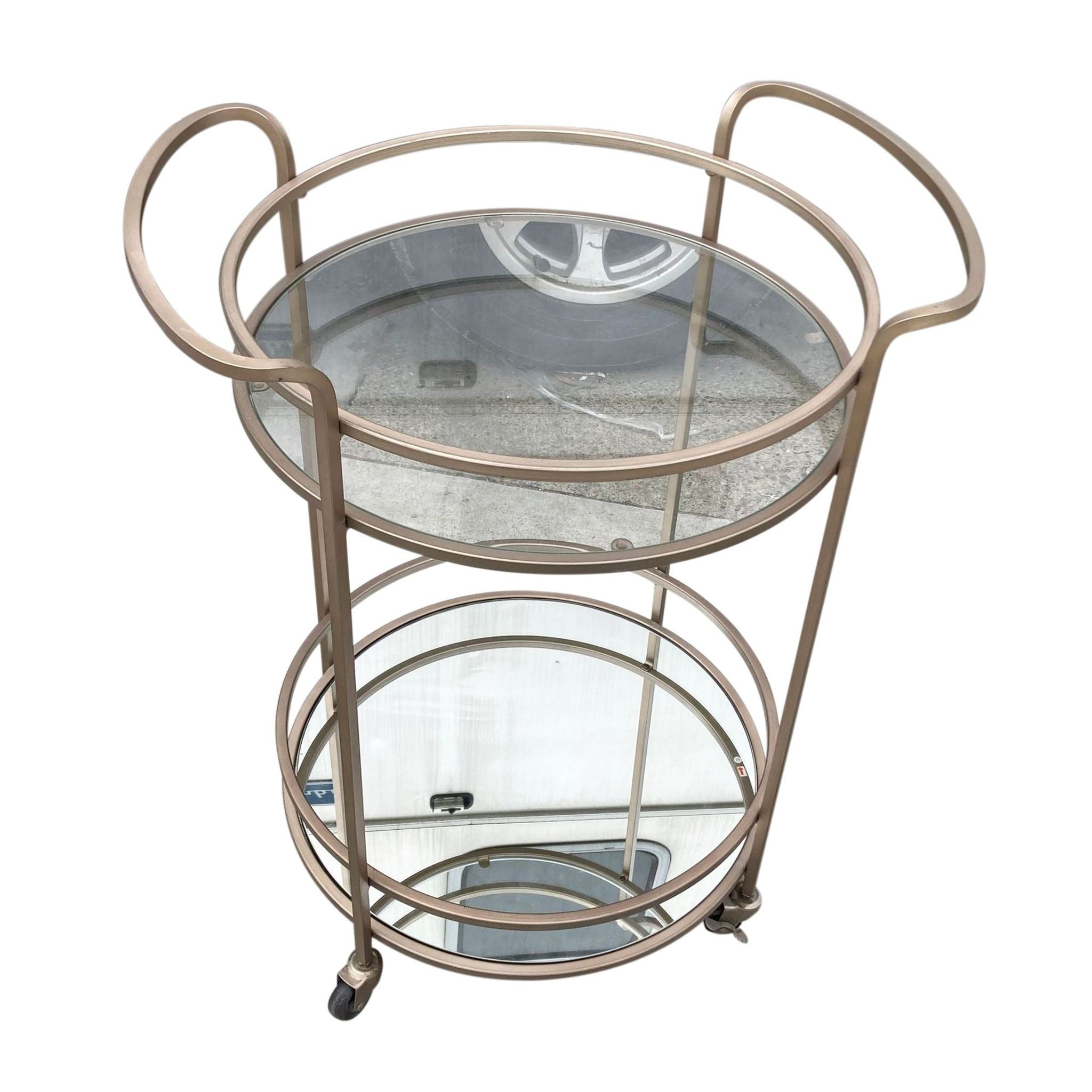 Reperch-brand two-tier circular bar cart with upper smoked glass and lower mirrored shelf, featuring wheels.