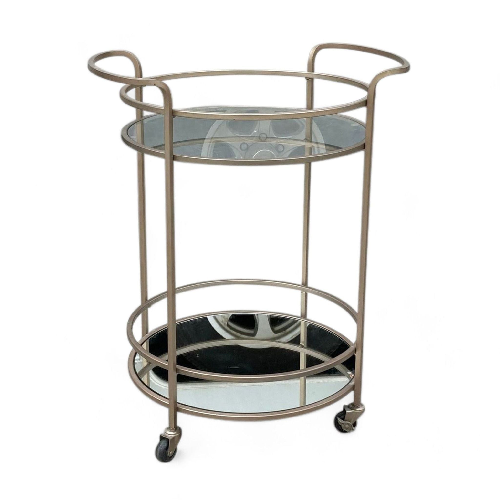 Round Reperch serving cart with smoked glass top and mirrored bottom shelf on casters.