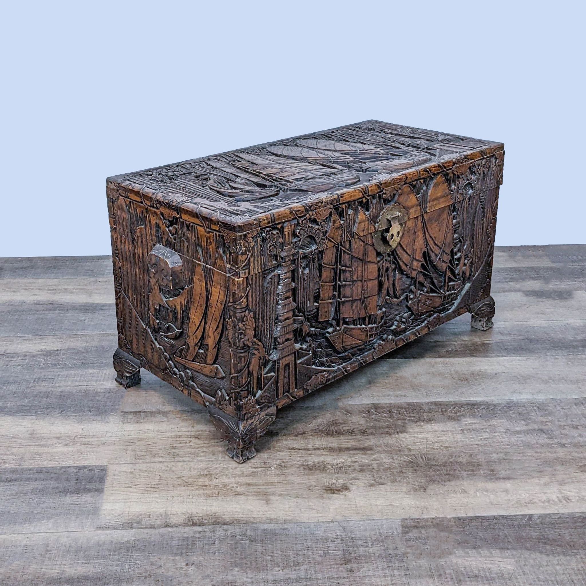 Historic Reperch trunk with elaborate oriental engraving, brass hardware, brought from WWII China.