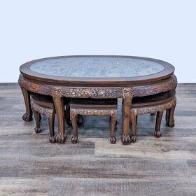 Image of Carved Solid Wood Asian Coffee/Tea Table with 6 Nesting Stools