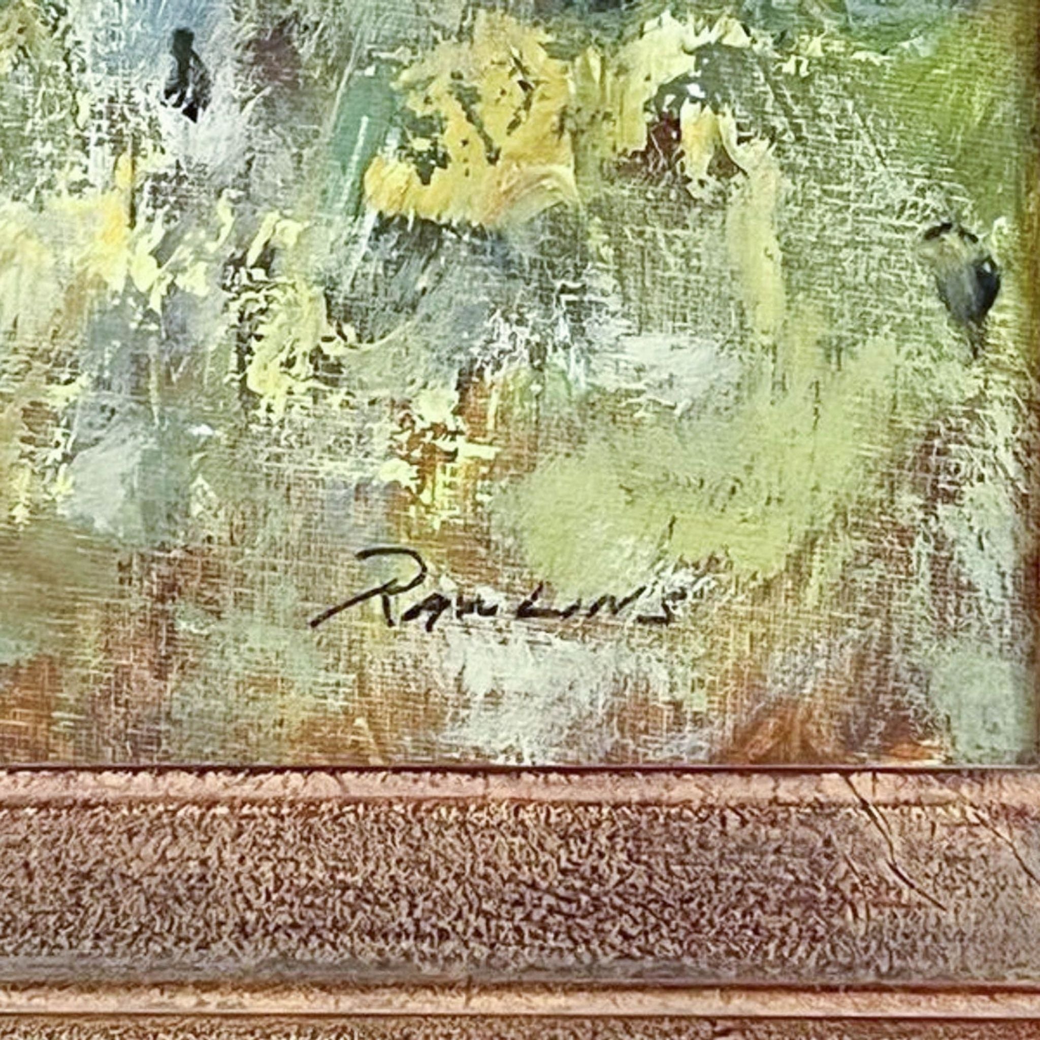 Detailed view of artist's signed work within a decorative frame, showing vibrant brushwork.