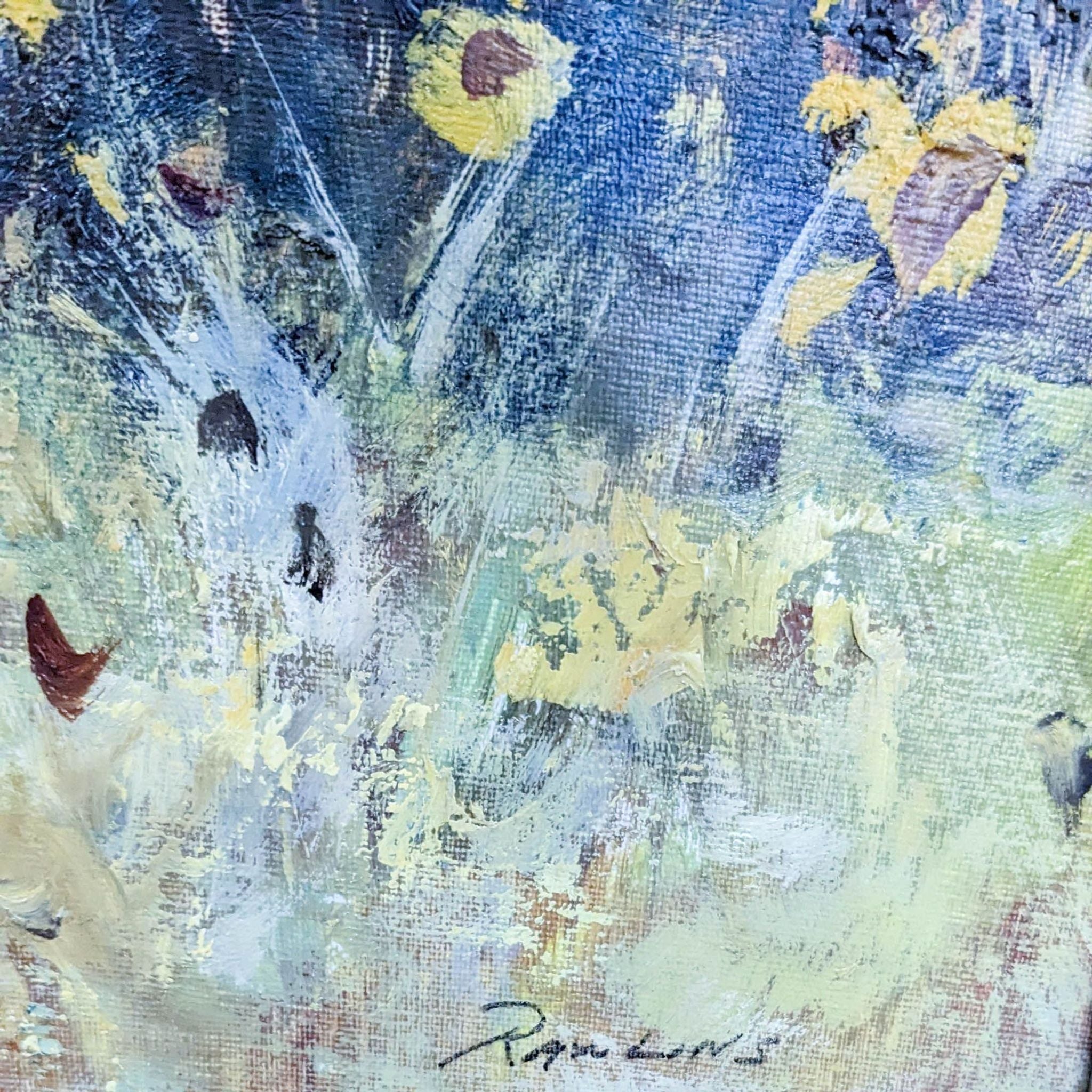 Close-up of a painting's texture and artist's signature, "Reperch," in a colorful garden scene.