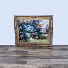 Image of Charming Country House And  Garden Oil Painting in Ornate Gold Frame