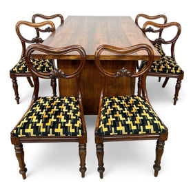 Image of Transitional Wood Dining Table with Six Patterned Chairs