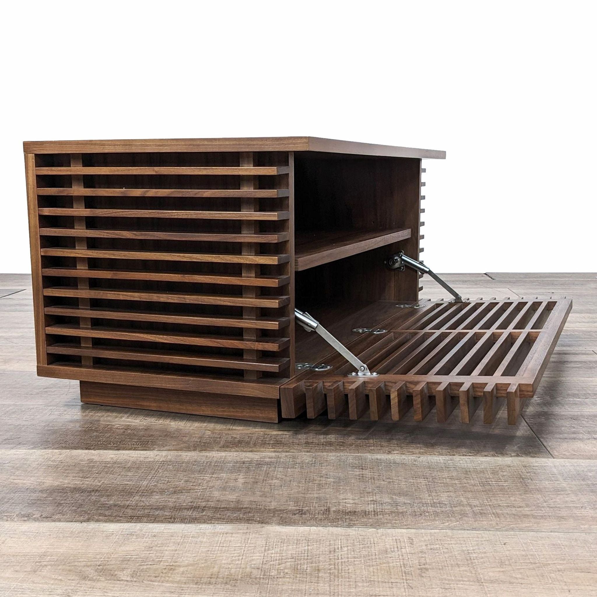 the wine rack is made from a walnut wood.