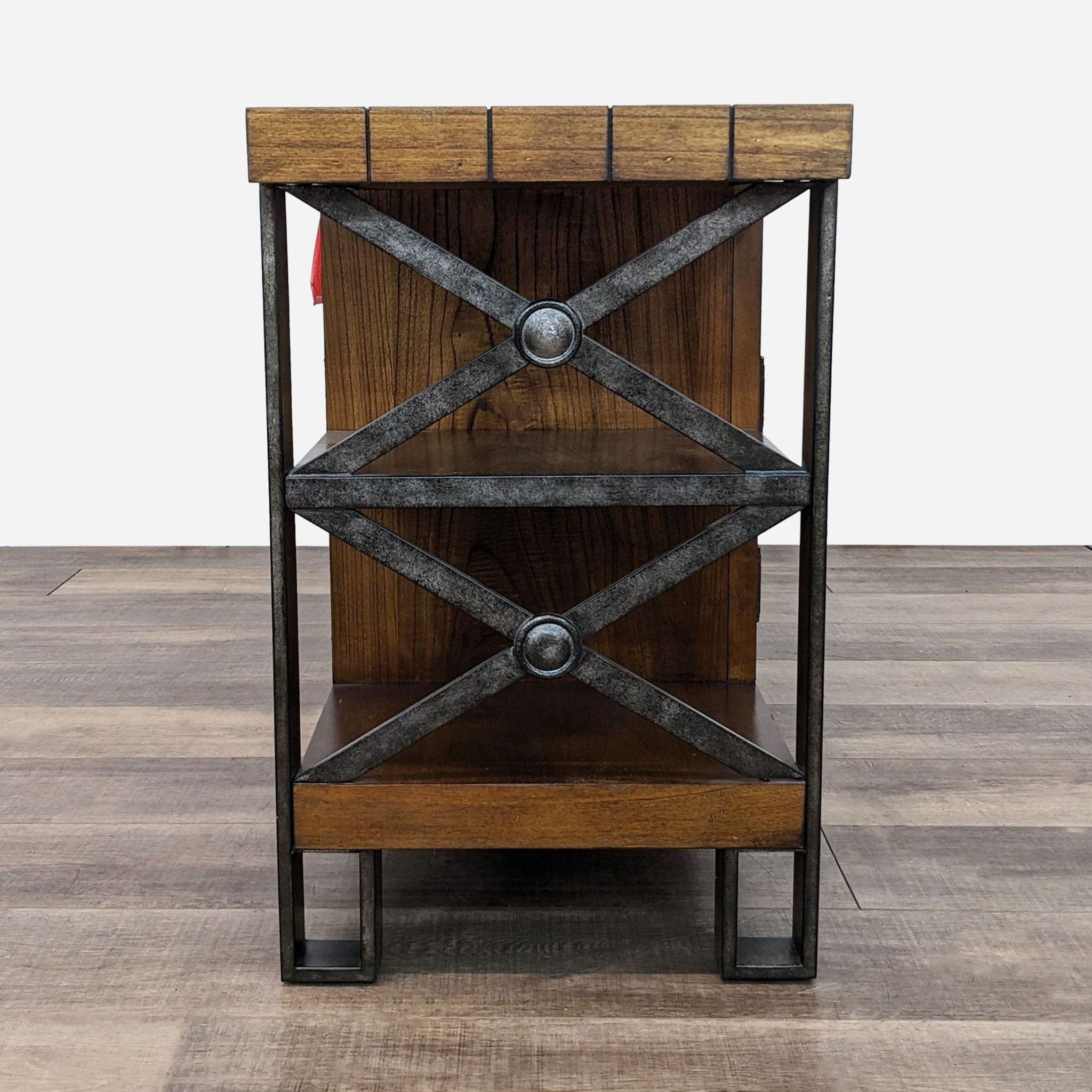 a metal and wood bookcase with a metal frame and a metal frame.