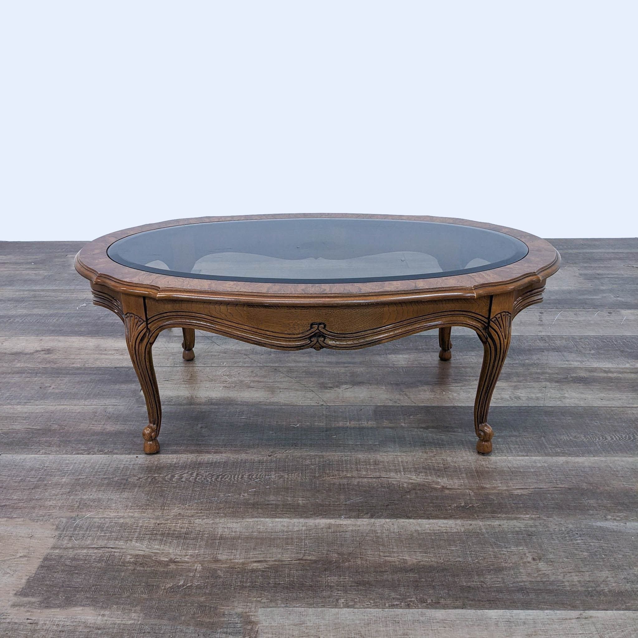 a round coffee table with a glass top.