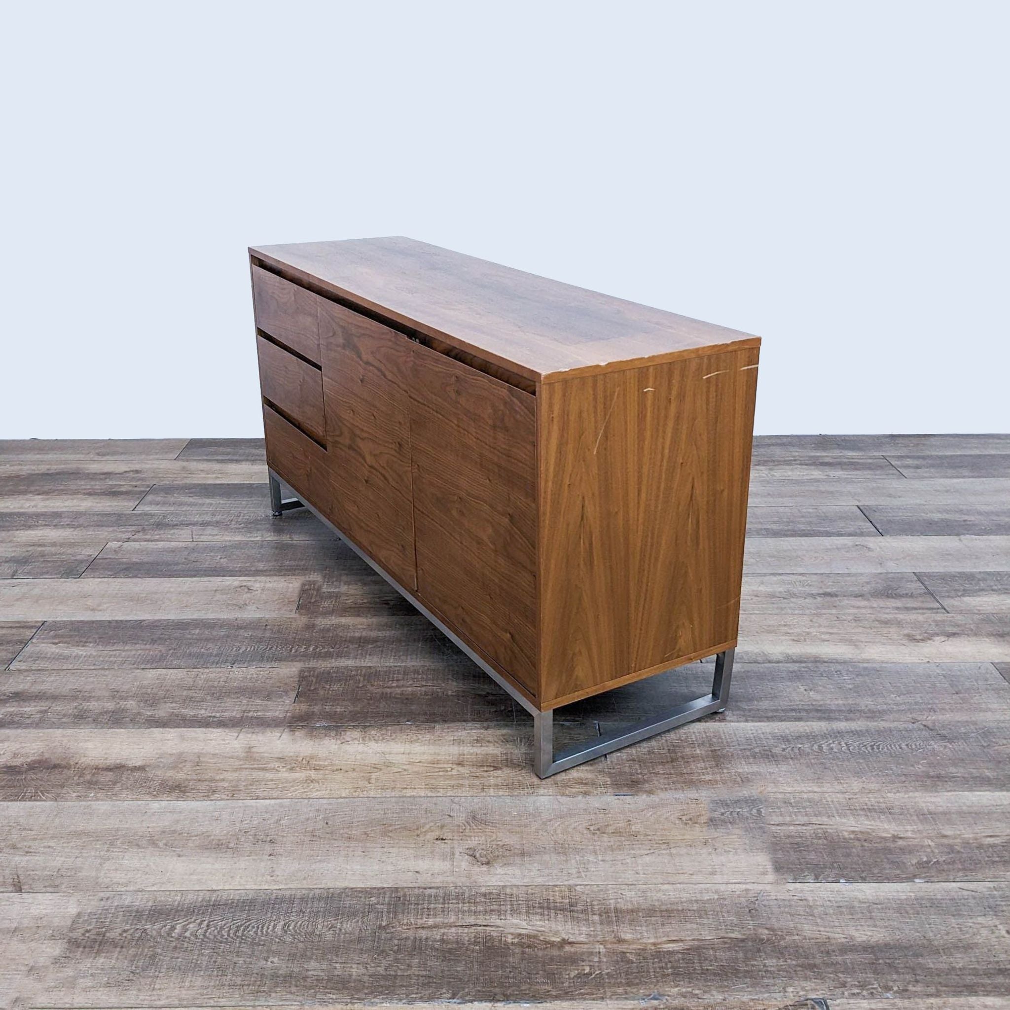 mid century modern walnut sideboard with a drawer and a drawer.