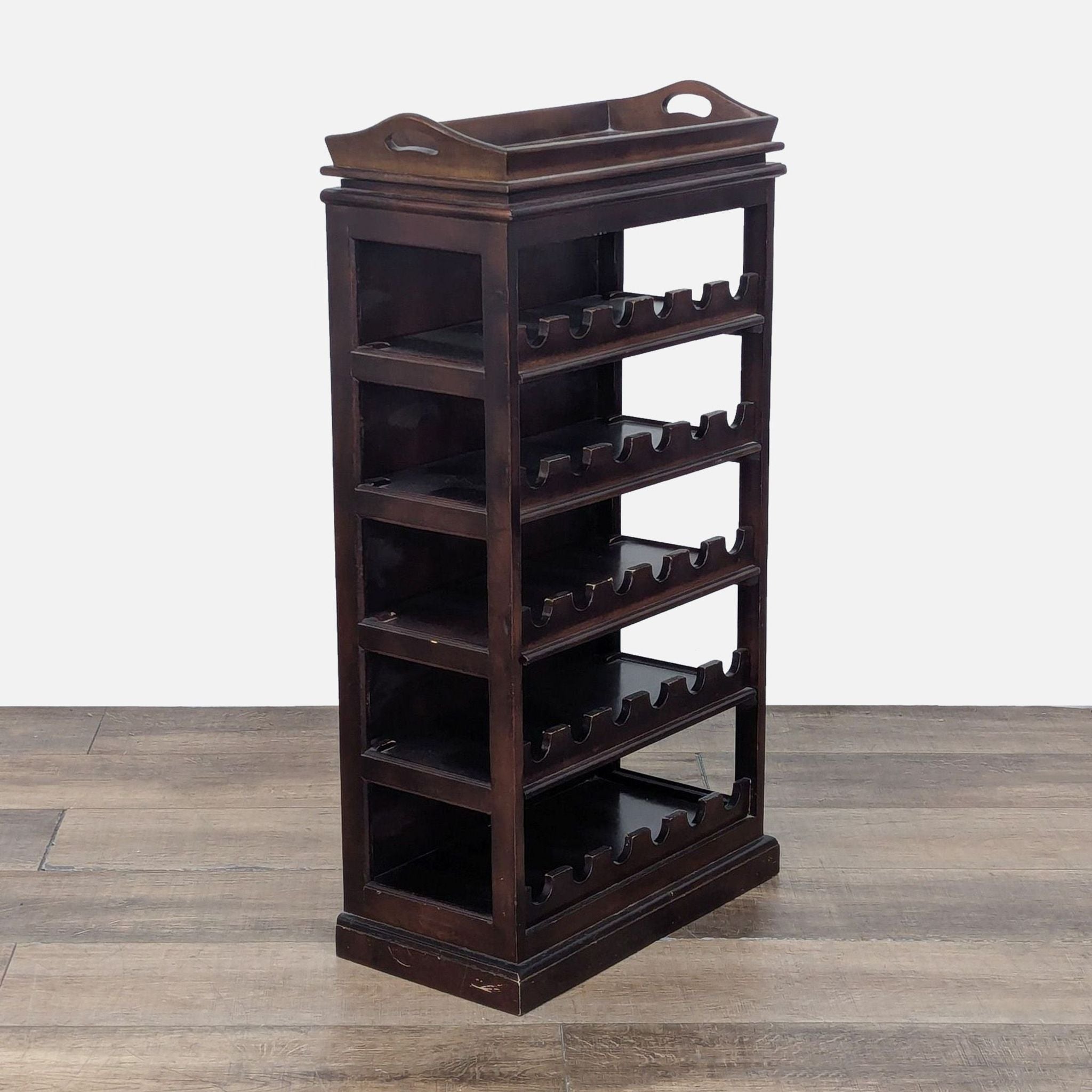 Side view of wooden wine rack with serving tray. Holds 30 bottles, ideal for storage.