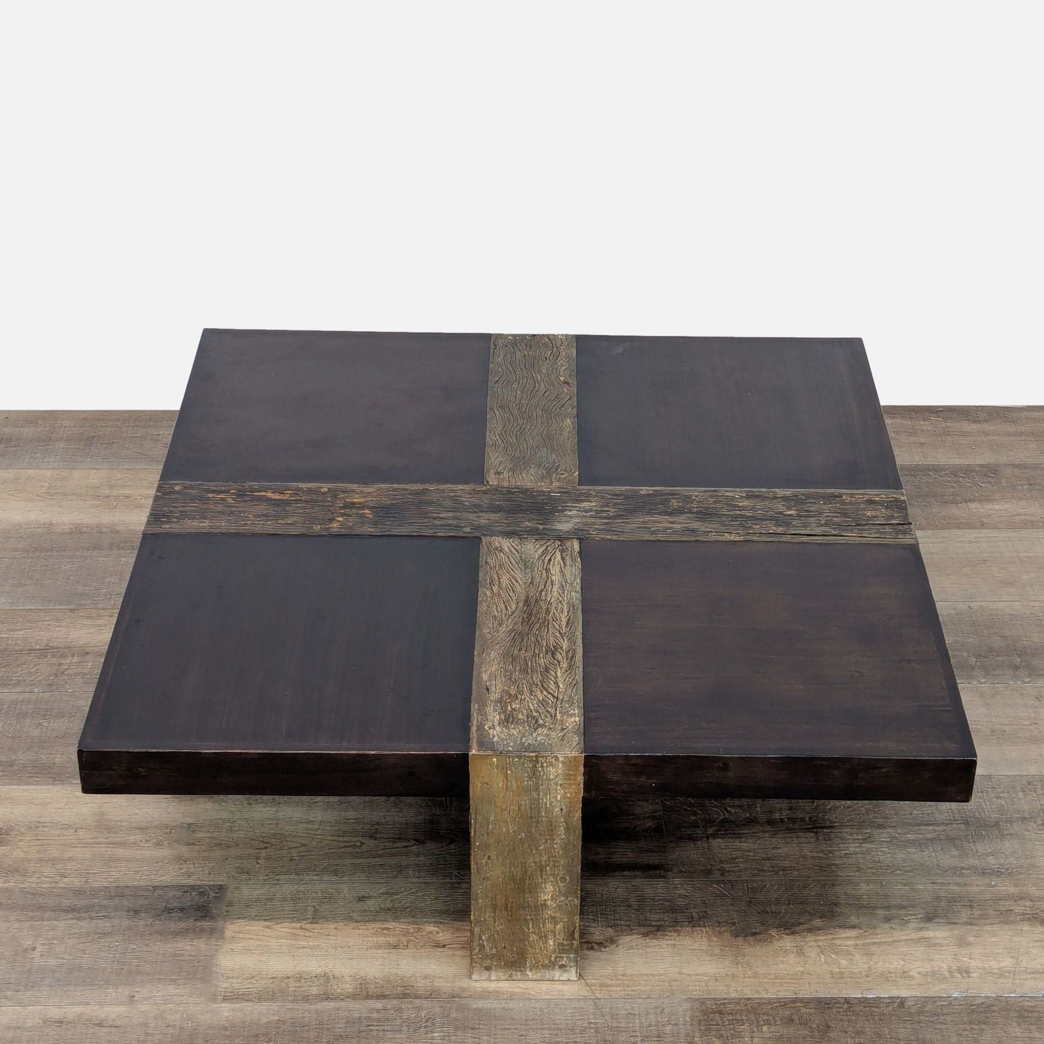 Reperch coffee table, crafted with a reclaimed wood top and base, displaying a cross insert design.