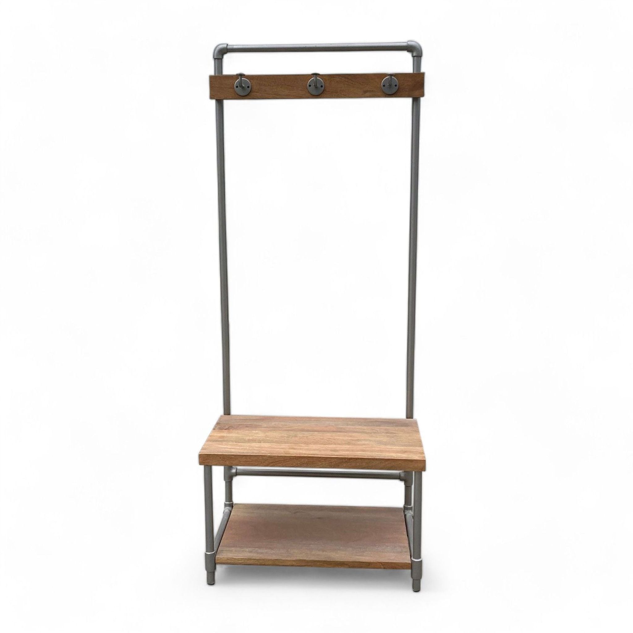 Reperch wood bench with shelf and hooks on a metal stand, isolated on a white background.