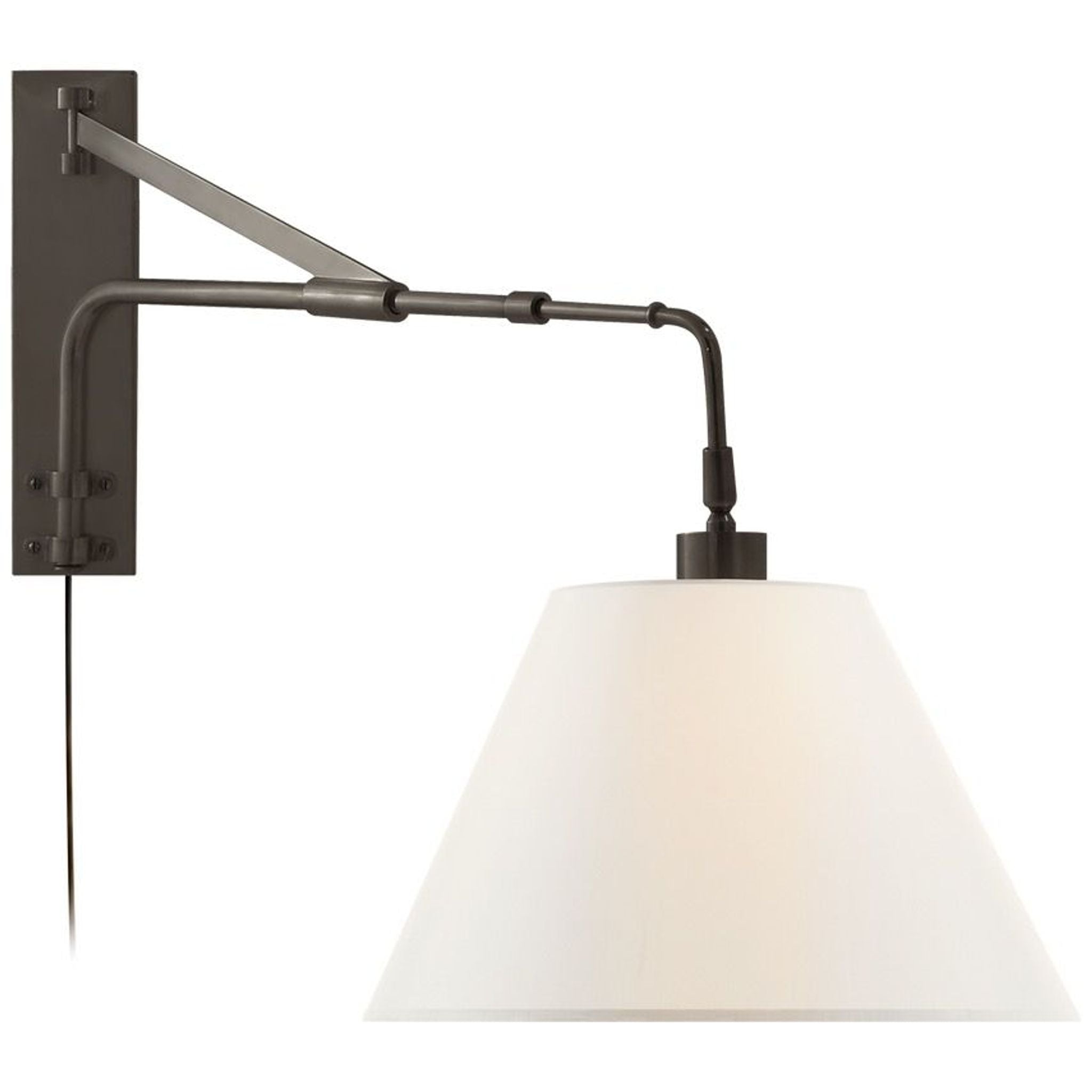 Alt text 1: Ralph Lauren Collection wall-mounted light with a polished nickel 90-degree bent pole and pivoting white lampshade by Visual Comfort.