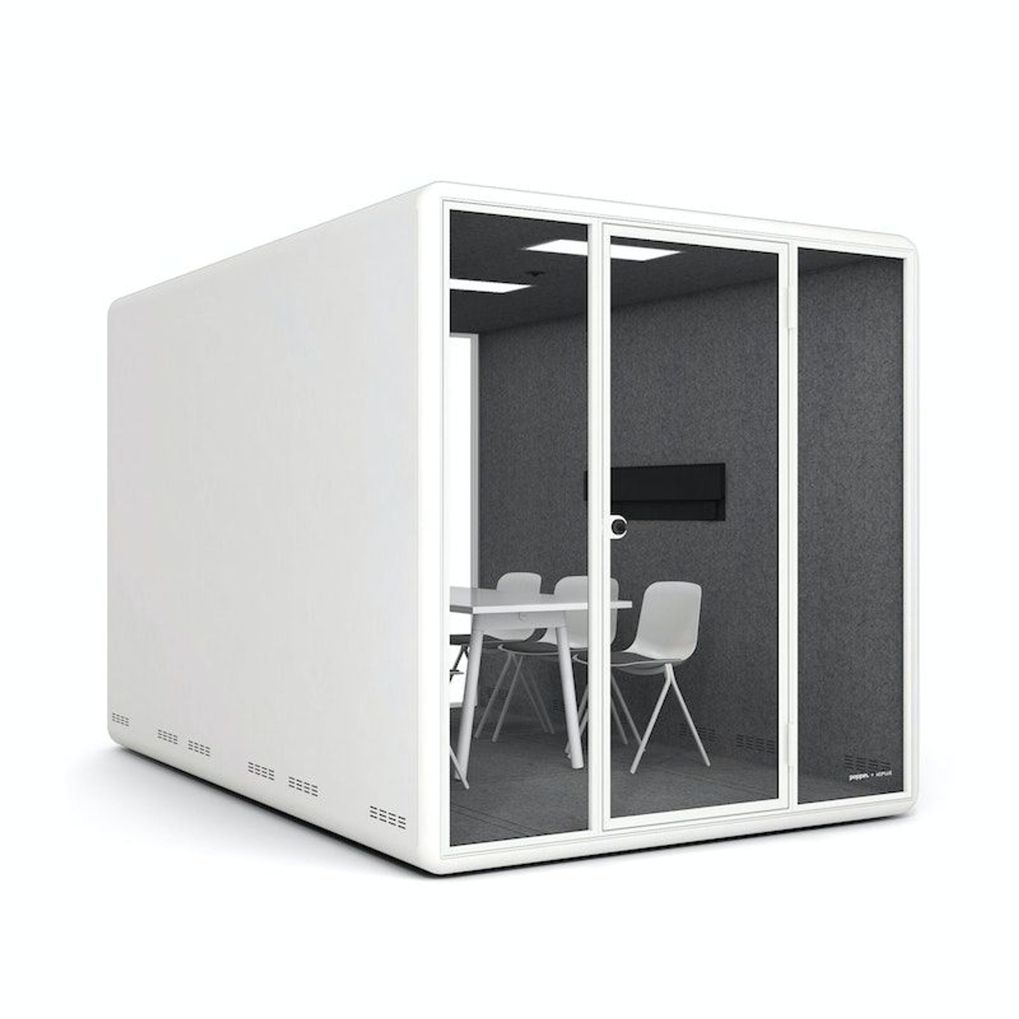 2. Poppin Kolo 6 modular meeting room with white exterior, partially shown interior with furniture, ready for assembly.