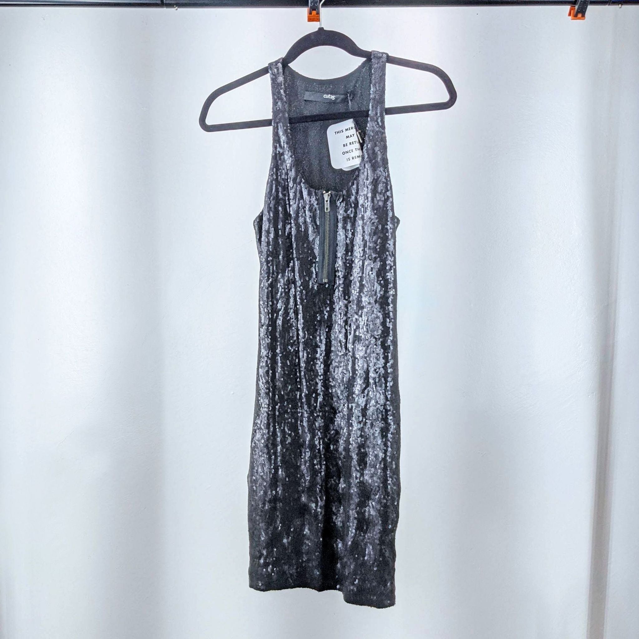 Cut25 by Yigal Azrouel sequined tank dress displayed on hanger, front view.