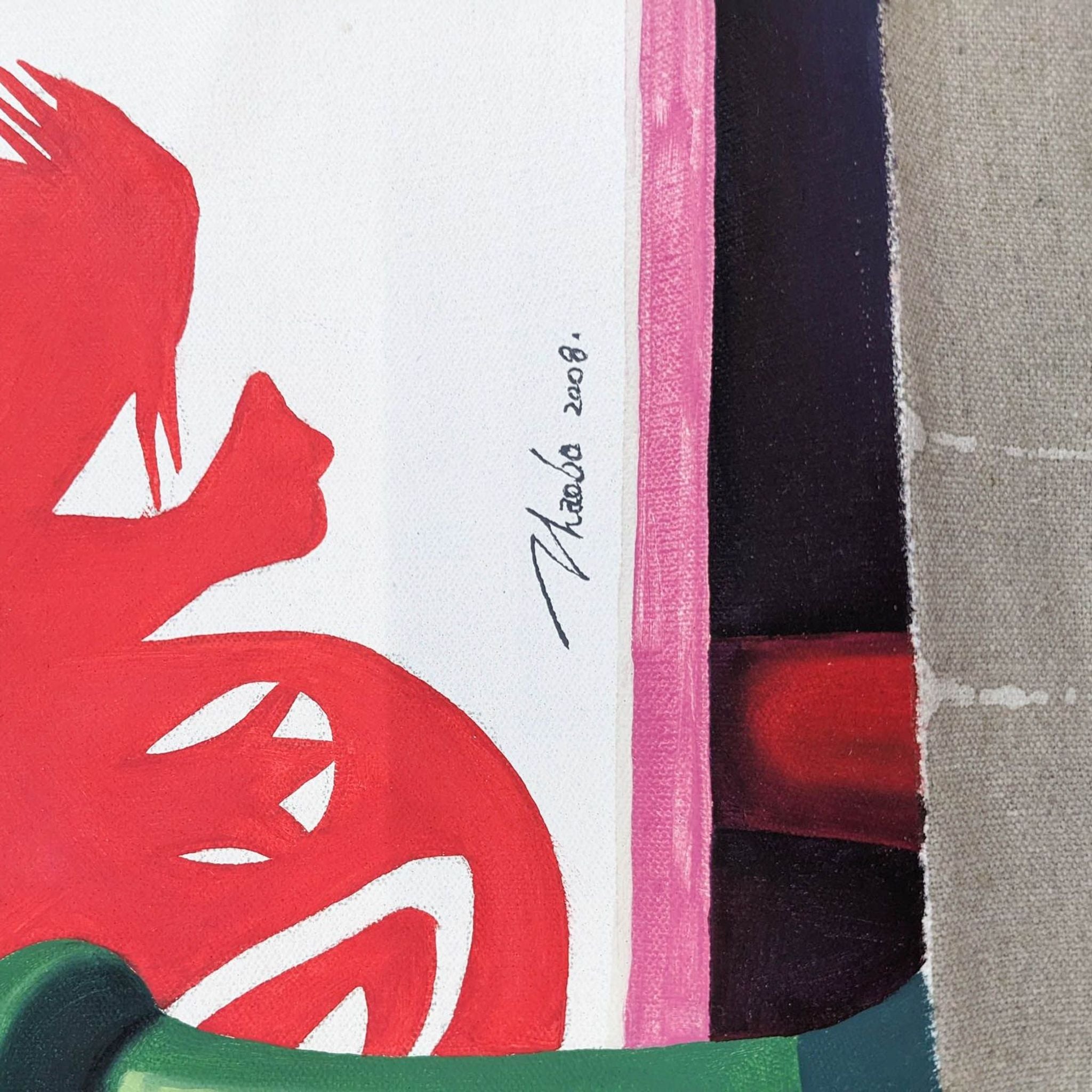 Alt text 2: Close-up on the signature and date, 'Zhao Bo 2008', on a vibrant drawing of cultural and cartoon elements, by Reperch, 78 1/2 by 78 1/2 inches.
