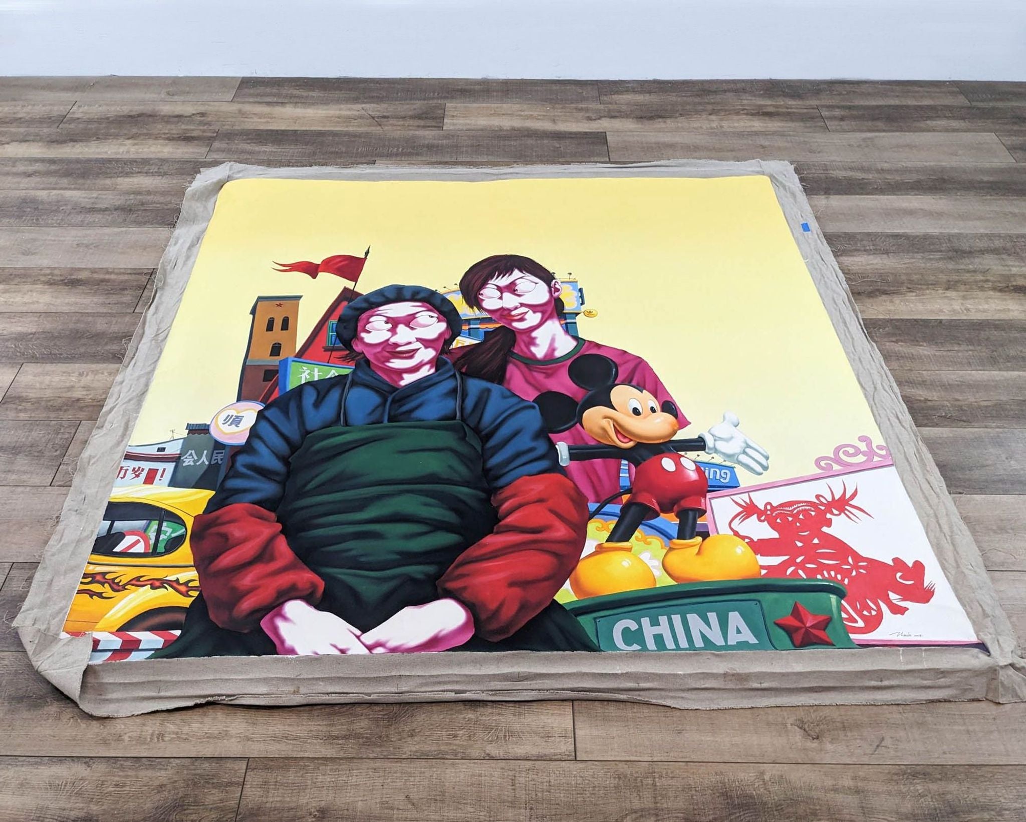 Colorful painting by Zhao Bo featuring two characters in red and green with obscured faces, Mickey Mouse, and various cultural elements, dated 2008, unsold and unframed.
