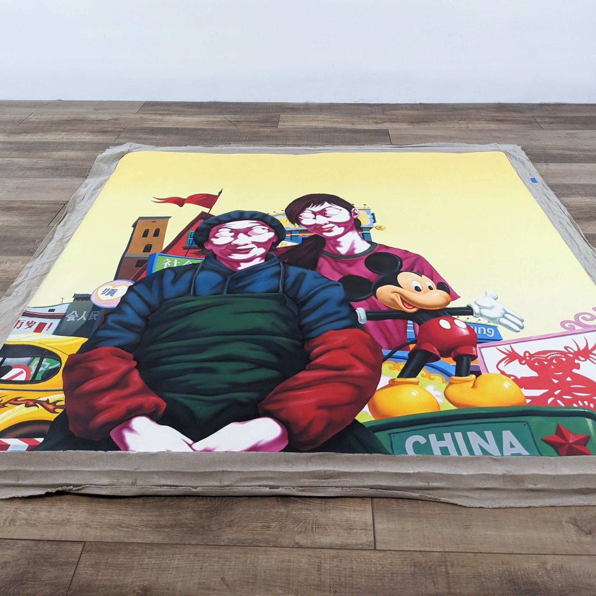 Alt text 1: Large contemporary painting by Zhao Bo, featuring a colorful depiction of two people and Mickey Mouse, dated 2008 by Reperch, unframed.