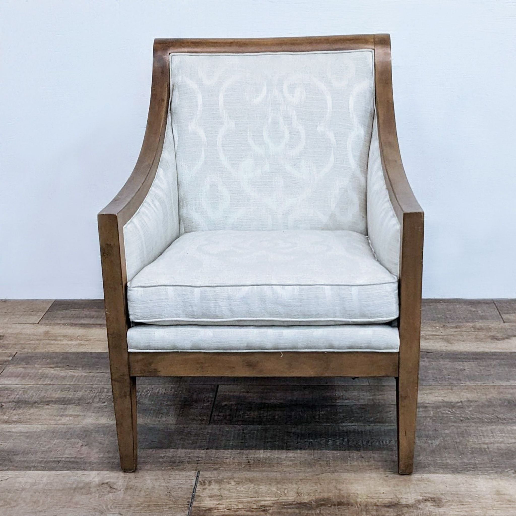 H.D. Buttercup transitional lounge chair, solid wood frame, white upholstered seat and back, removable cushion, frontal view.