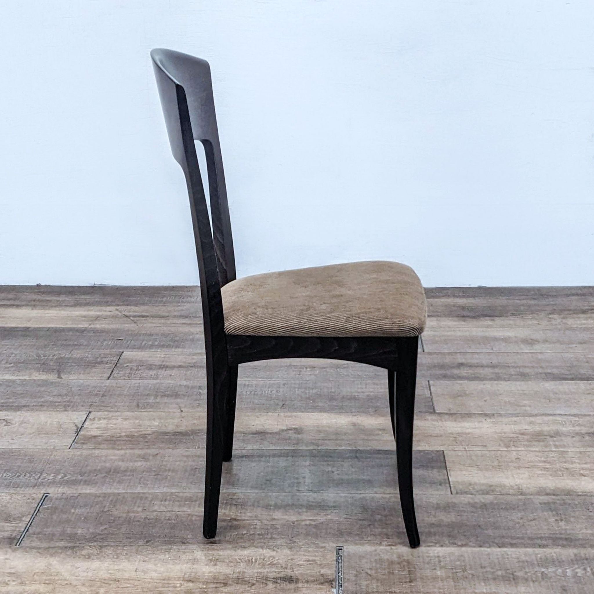 Alt text: A sculpted teak Italian dining chair by A. Sibau with black wood grain frame and beige upholstery, part of a Domitalia Sibau dining set.
