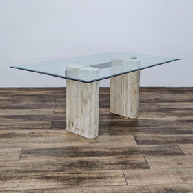 Image of Contemporary Modern Travertine Dining Table with a Glass Top