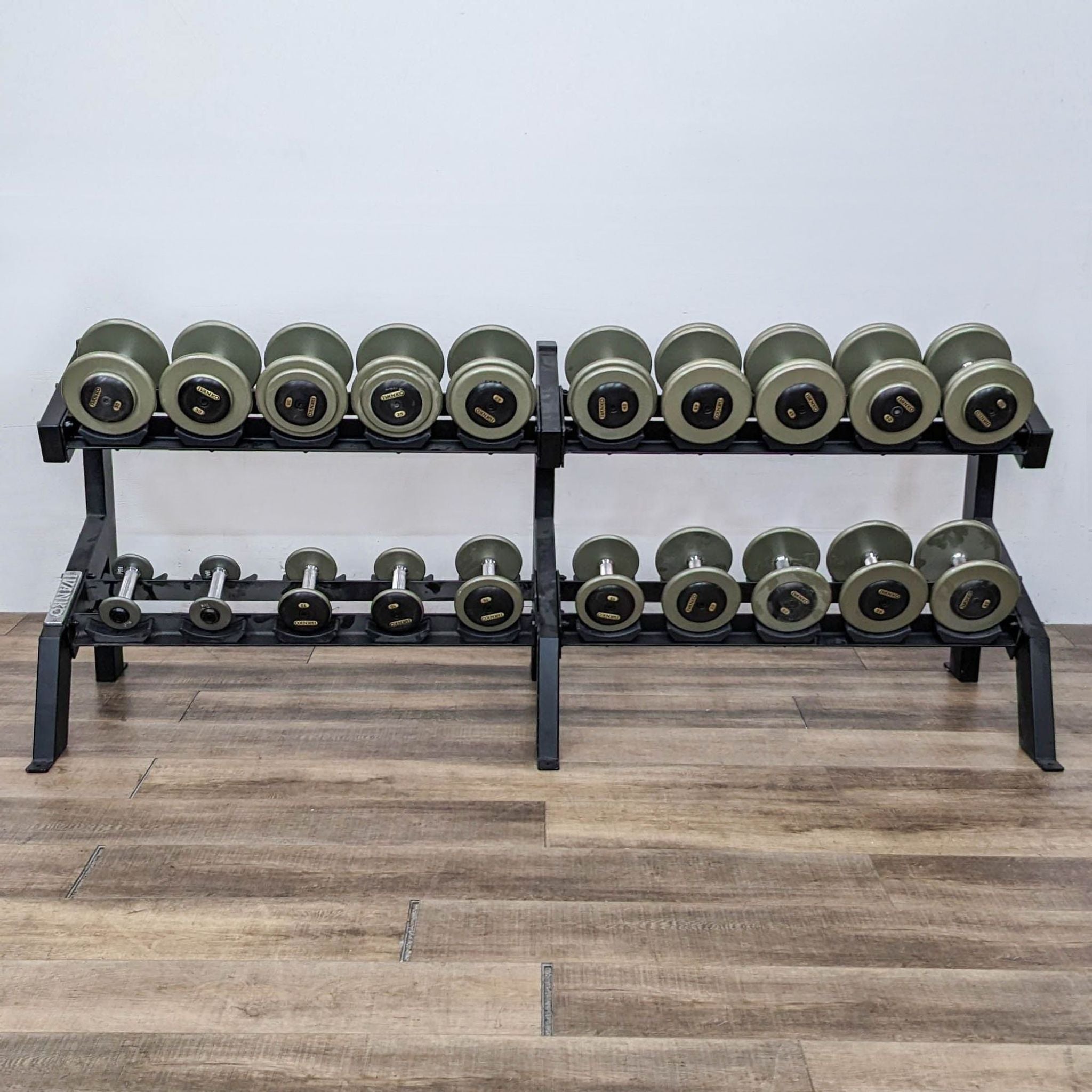 Ivanko branded dumbbells on a black rack against a white wall in a gym.