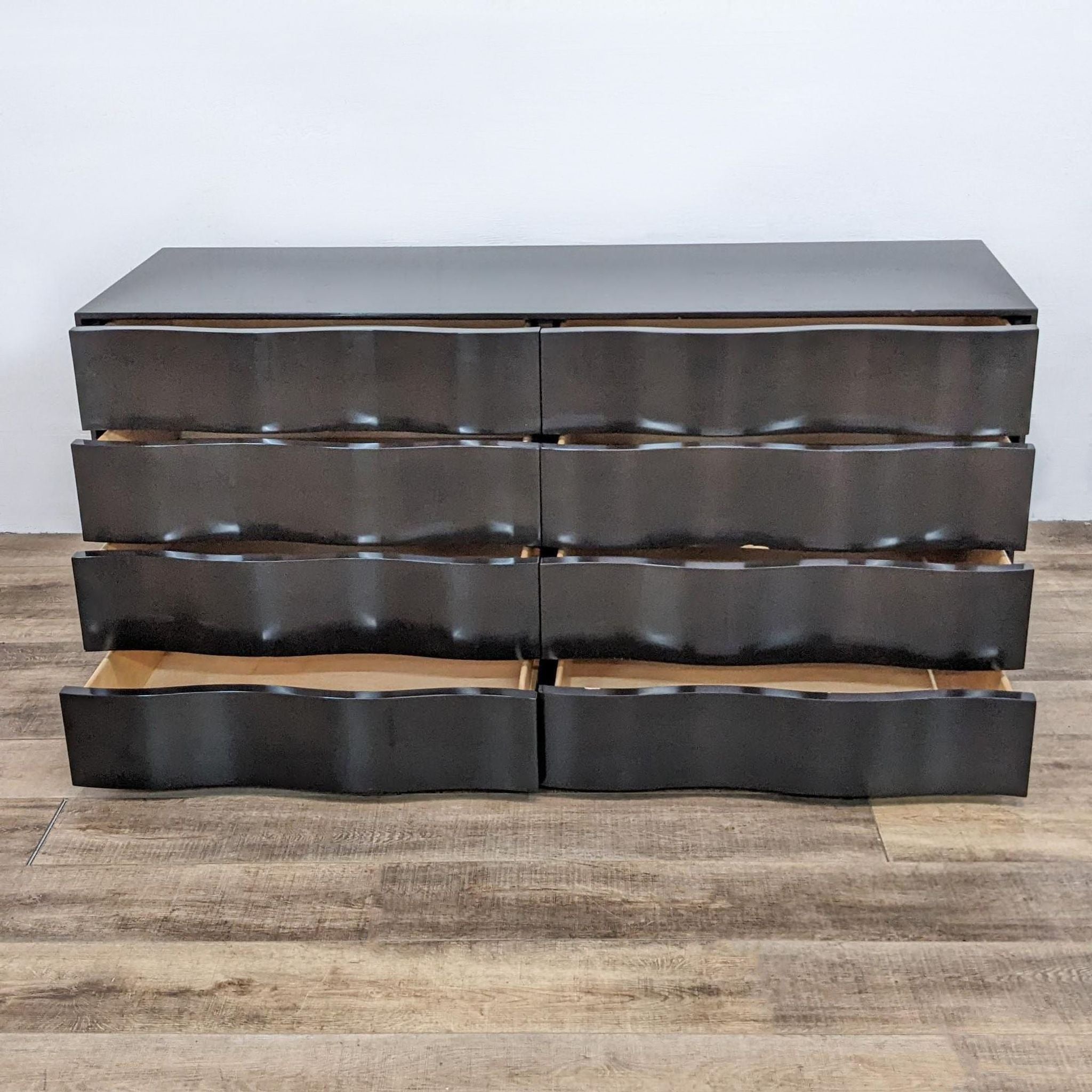 Alt text 2: Open drawers of black pearl lacquered teak Rainwater dresser by Nancy Corzine, showcasing storage space.