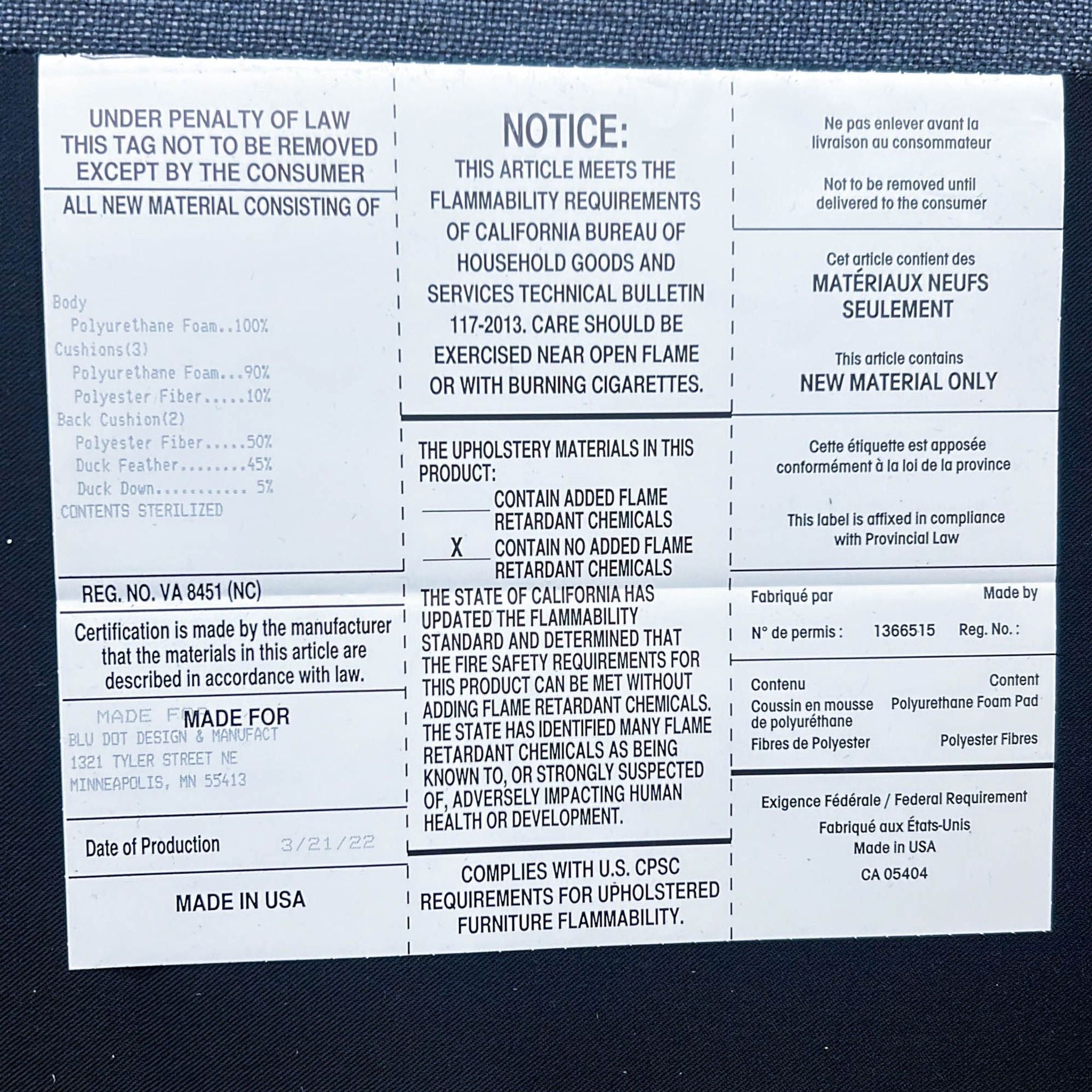 Safety and material information labels for upholstered furniture meeting California flammability requirements and sterilized contents.