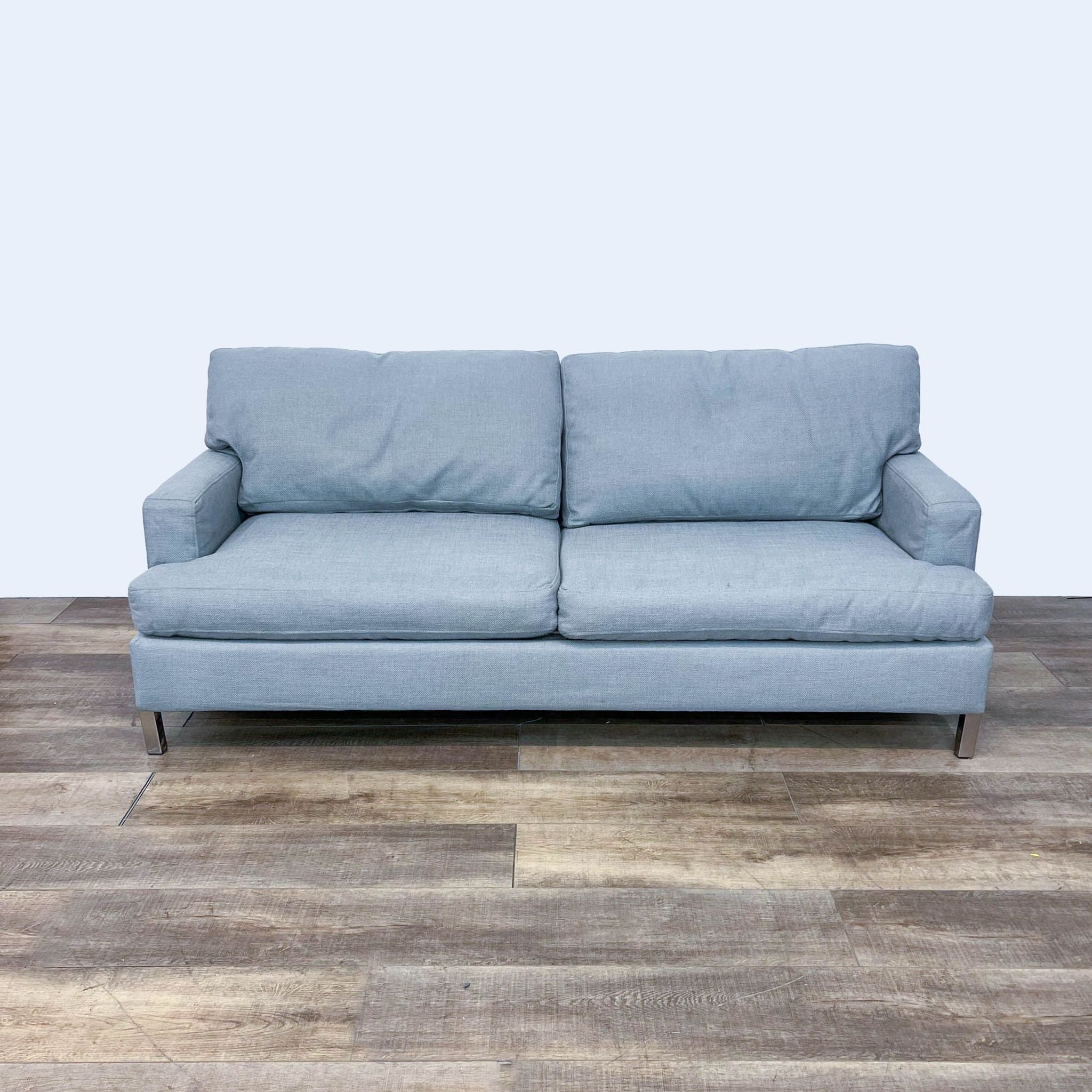 Gray 3-seat sofa with T-back cushions and track arms, nickel legs, by Better by Design.