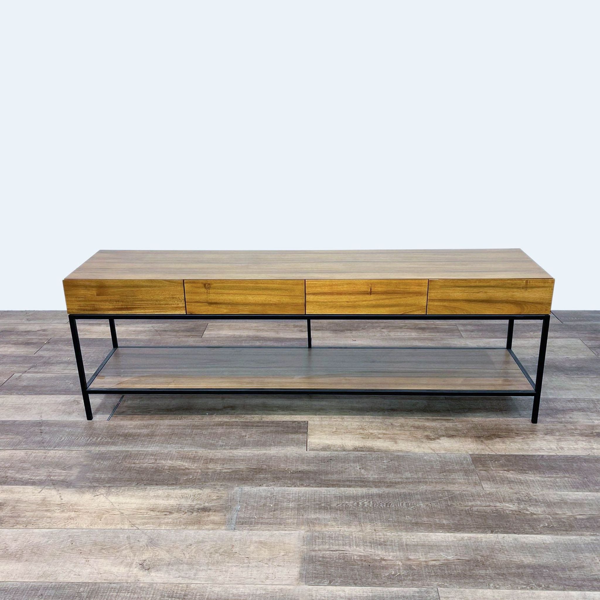 Alt text 1: ROC brand wooden sideboard with metal base and closed drawers on a wood-patterned floor.