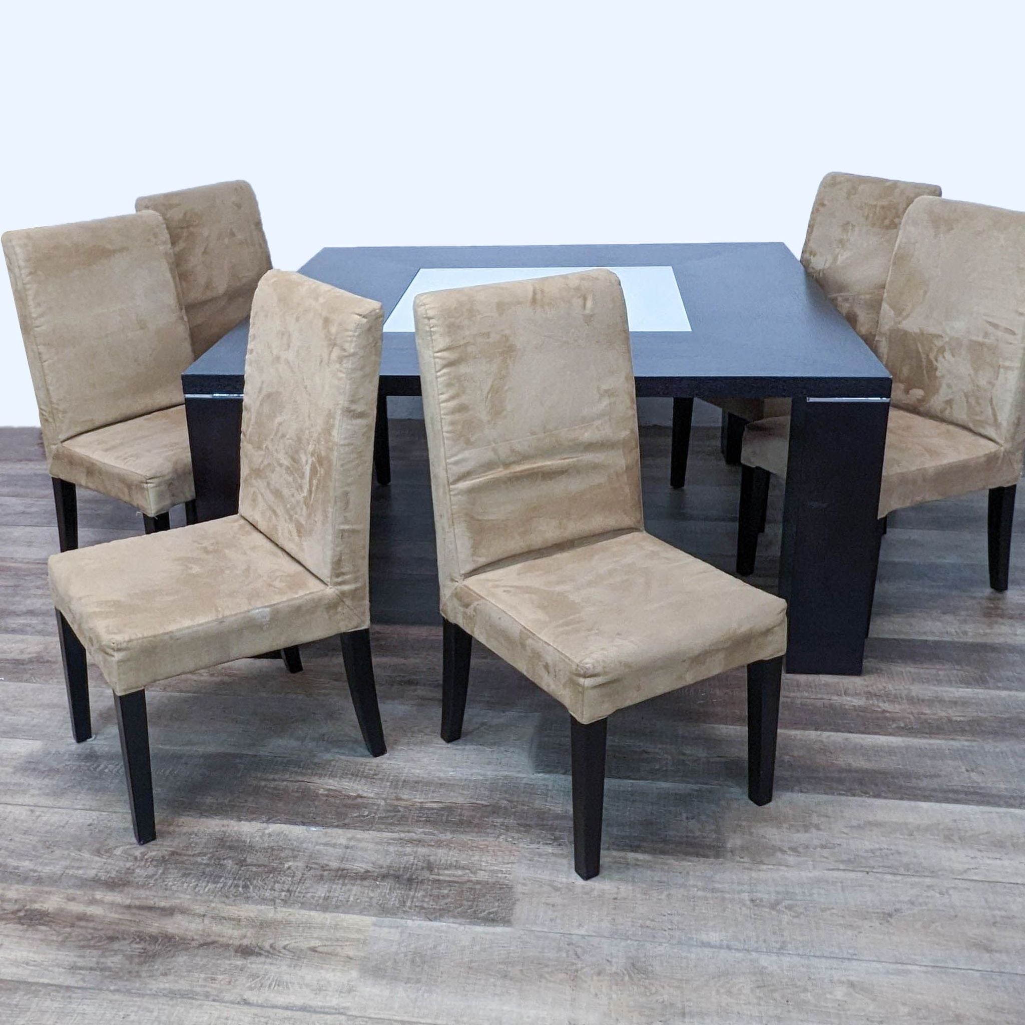 1. Sharelle Elite 7-piece dining set with a wenge-finished wood veneer table with block legs, chrome accents, a sand blasted glass insert, and six taupe microfiber chairs.