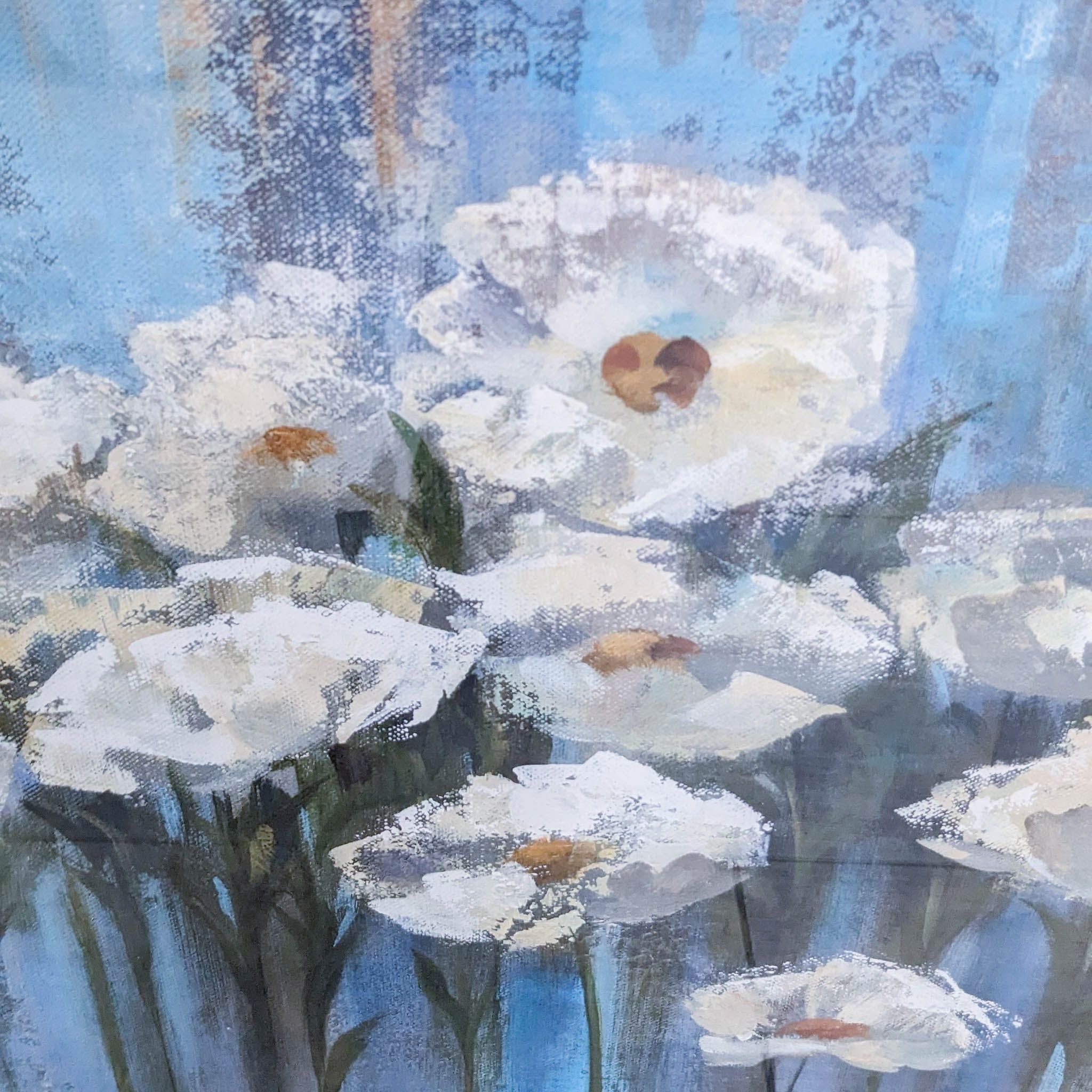 Close-up of Art.com floral painting detailing texture and brushwork of white blooms on a serene blue canvas.