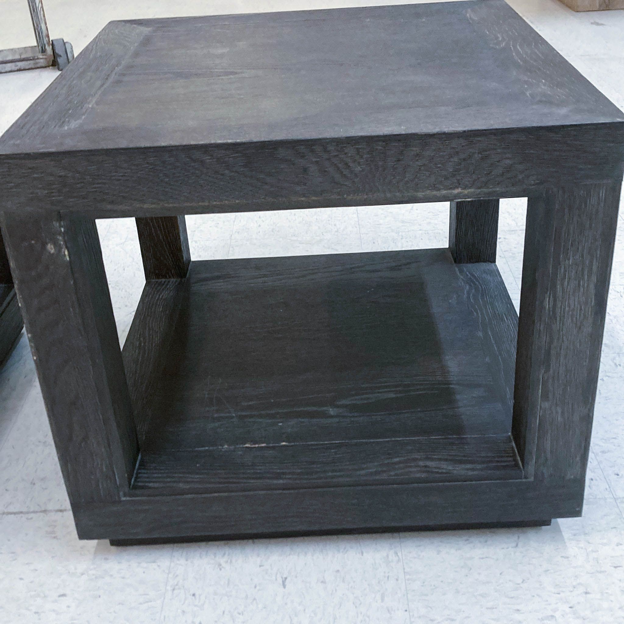 Oak side table with louver profile by Luay Al-Rawi for Restoration Hardware, featuring clean lines on a low plinth base.