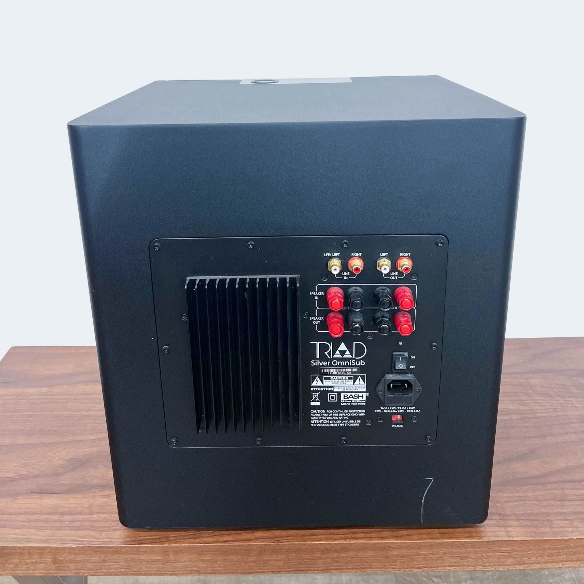 Rear view of a Triad subwoofer showing connections and heat sink.