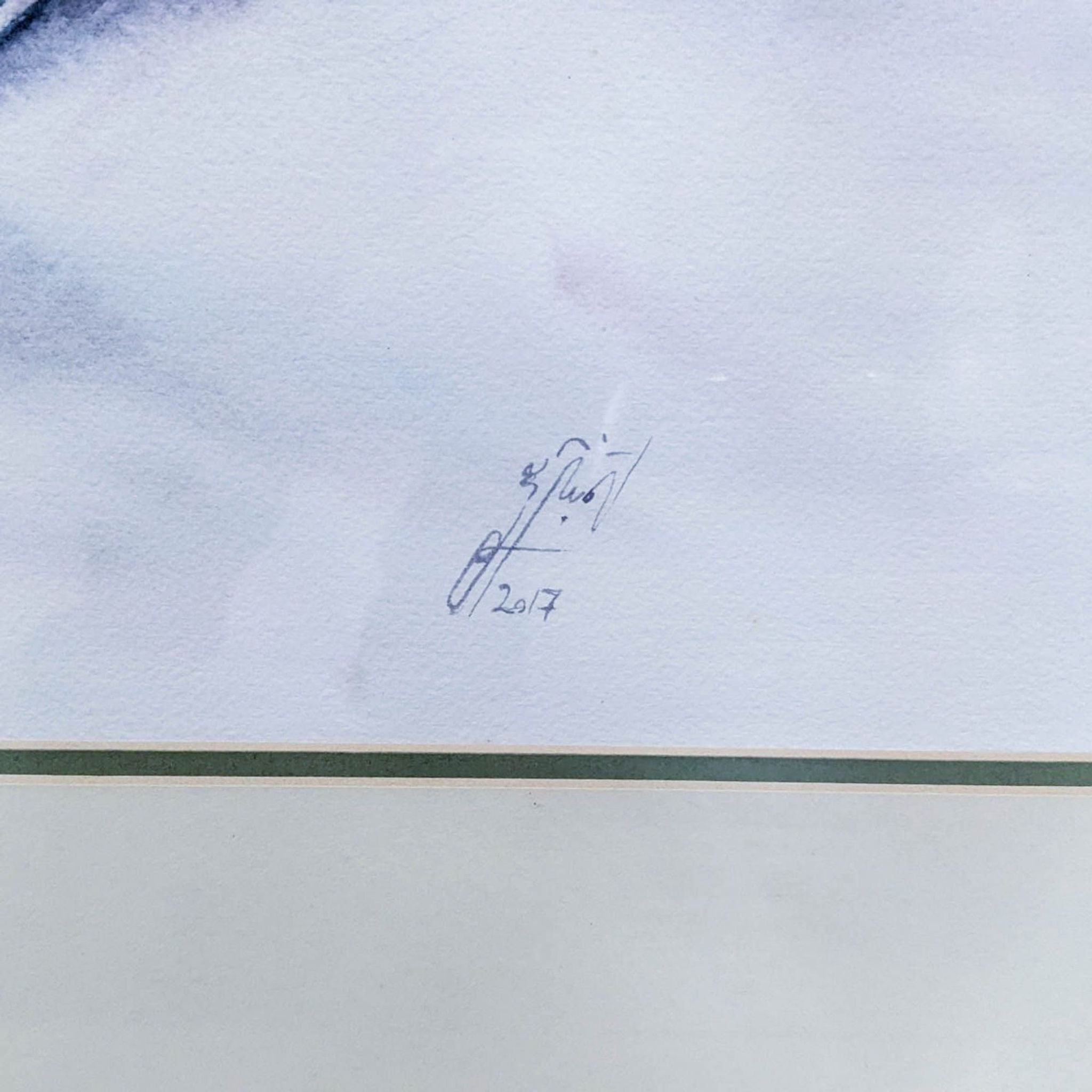 Alt text 2: Close-up of the artist's signature and 2017 date on a Reperch drawing featuring ornate vanity items on display.